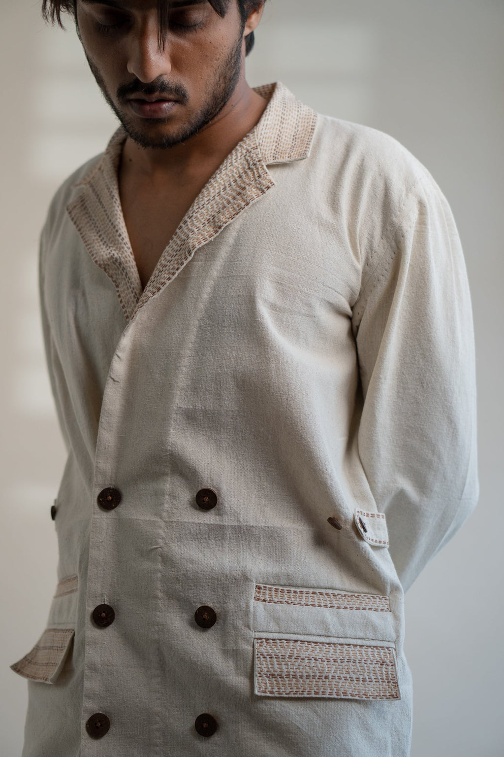 Dawning Unisex Double Breasted Jacket by Lafaani with Beige, Casual Wear, Dawning by Lafaani, Denim, Embroidered, For Him, Hand Woven Cotton, Jackets, Kora, Mens Overlay, Menswear, Natural, Regular Fit, Unisex at Kamakhyaa for sustainable fashion