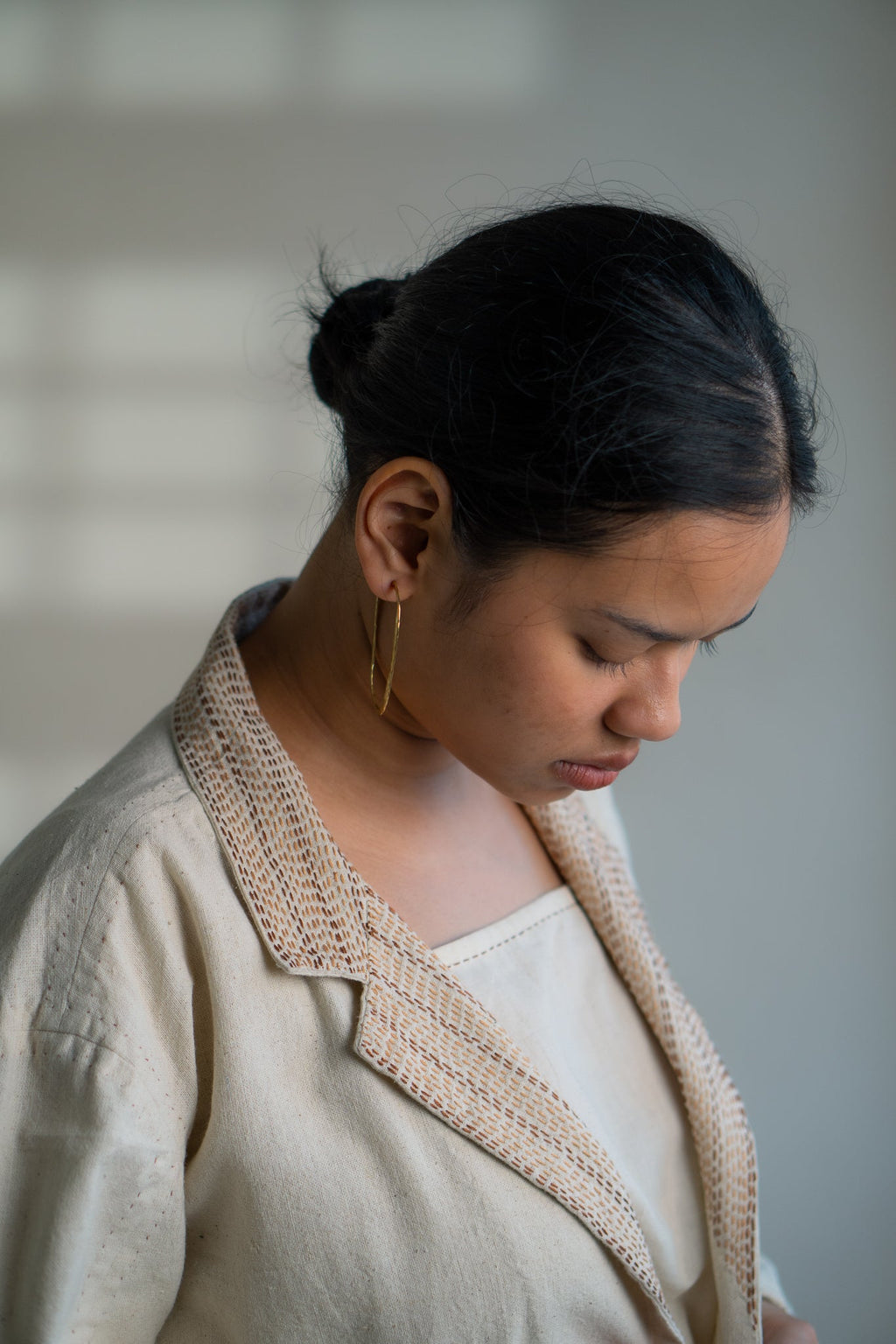 Dawning Unisex Double Breasted Jacket by Lafaani with Beige, Casual Wear, Dawning by Lafaani, Denim, Embroidered, For Him, Hand Woven Cotton, Jackets, Kora, Mens Overlay, Menswear, Natural, Regular Fit, Unisex at Kamakhyaa for sustainable fashion