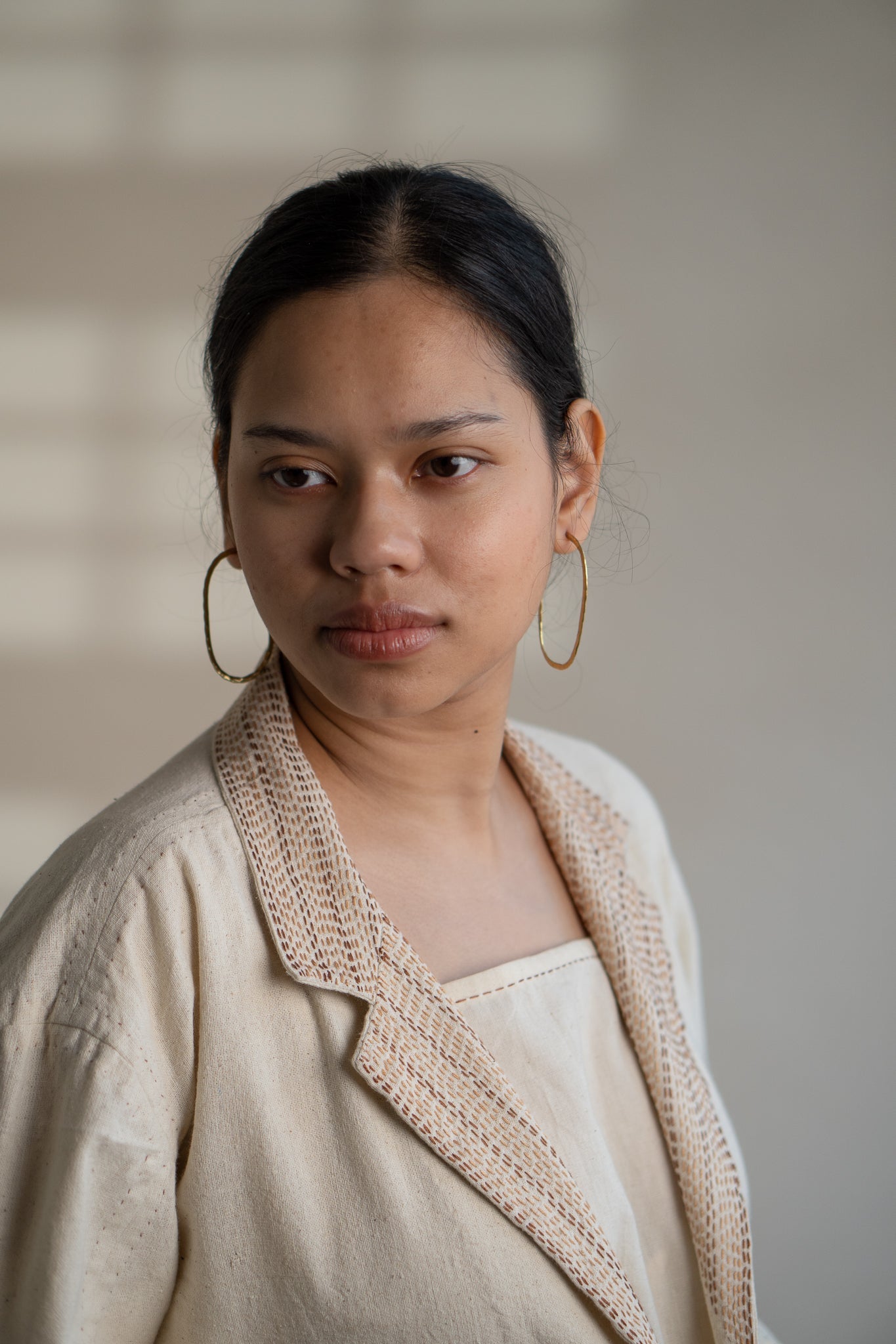 Dawning Unisex Double Breasted Jacket by Lafaani with Beige, Casual Wear, Dawning by Lafaani, Denim, Embroidered, For Him, Hand Woven Cotton, Jackets, Kora, Mens Overlay, Menswear, Natural, Regular Fit, Unisex at Kamakhyaa for sustainable fashion