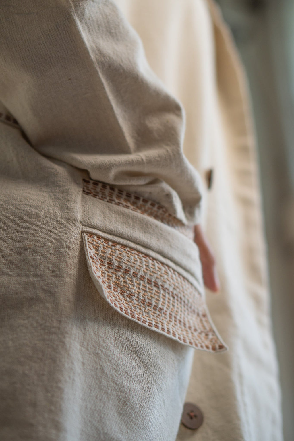 Dawning Unisex Double Breasted Jacket by Lafaani with Beige, Casual Wear, Dawning by Lafaani, Denim, Embroidered, For Him, Hand Woven Cotton, Jackets, Kora, Mens Overlay, Menswear, Natural, Regular Fit, Unisex at Kamakhyaa for sustainable fashion