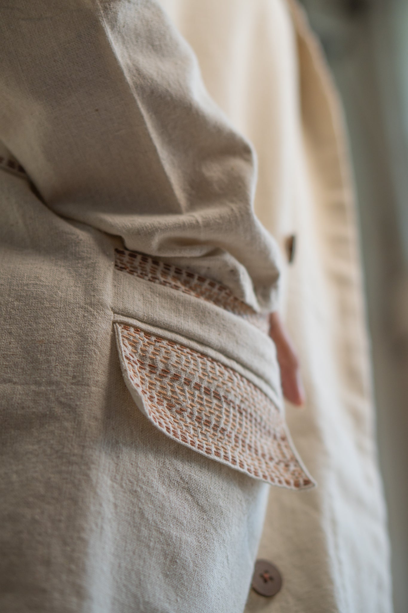 Dawning Unisex Double Breasted Jacket by Lafaani with Beige, Casual Wear, Dawning by Lafaani, Denim, Embroidered, For Him, Hand Woven Cotton, Jackets, Kora, Mens Overlay, Menswear, Natural, Regular Fit, Unisex at Kamakhyaa for sustainable fashion