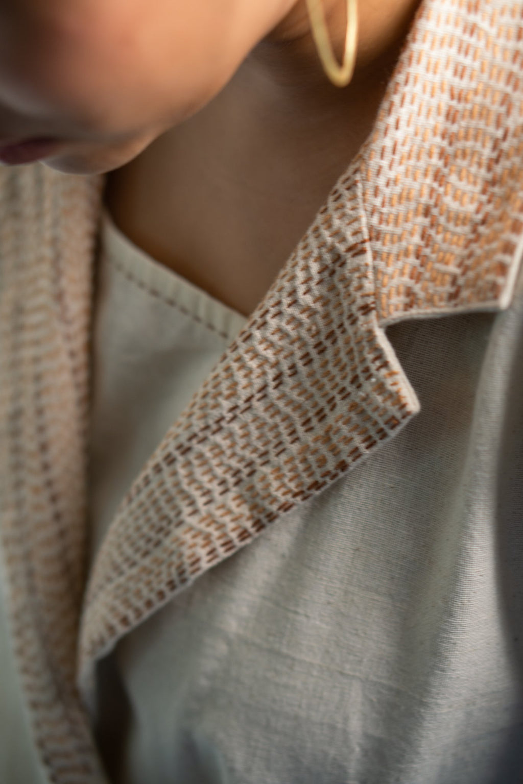 Dawning Unisex Double Breasted Jacket by Lafaani with Beige, Casual Wear, Dawning by Lafaani, Denim, Embroidered, For Him, Hand Woven Cotton, Jackets, Kora, Mens Overlay, Menswear, Natural, Regular Fit, Unisex at Kamakhyaa for sustainable fashion