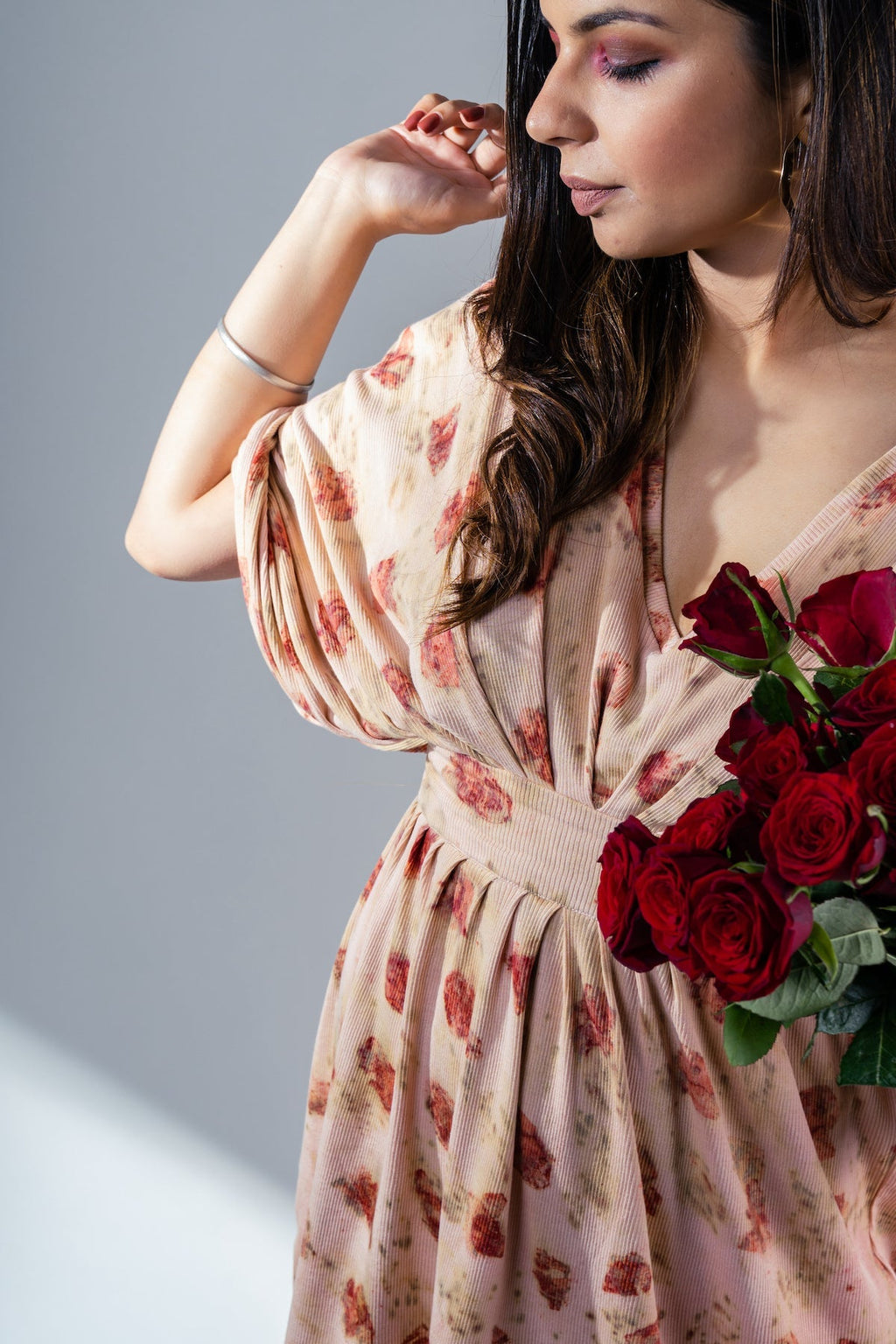 Rose Eco-Print Casual Midi Dress by Meko Studio with Casual Wear, Deadstock Fabrics, July Sale, July Sale 2023, Midi Dresses, Pink, Printed Selfsame, Prints, Relaxed Fit, Reroot AW-21/22, Reroot by Meko Studio, Womenswear at Kamakhyaa for sustainable fashion