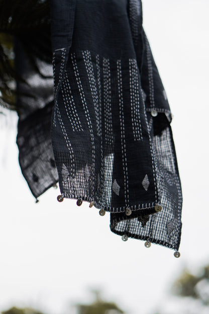 Kantha Scarf Black by Lafaani with 100% pure cotton, Accessories, Black, Casual Wear, Embroidered, Organic, Regular Fit, Scarves, Solids, Sonder, Sonder by Lafaani, Undyed and Unbleached at Kamakhyaa for sustainable fashion