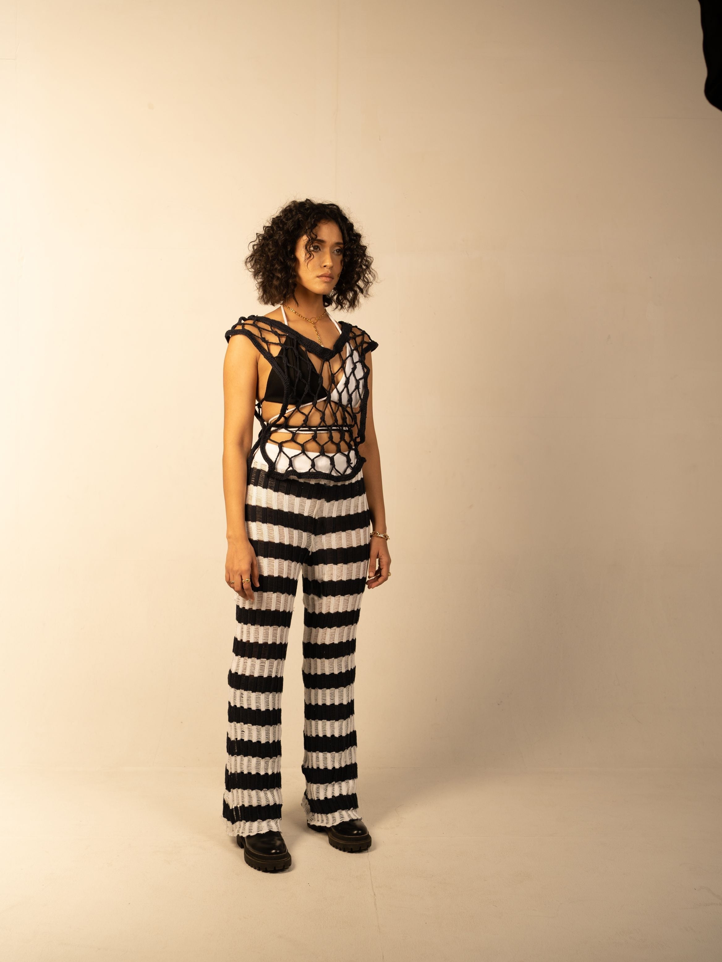 White Cotton Pants by Meko Studio with Blue, Cotton, Fusion Wear, July Sale, July Sale 2023, Pants, Relaxed Fit, Stripes, Tranquil AW-22/23, Tranquil by Meko Studio, Upcycled, White, Womenswear at Kamakhyaa for sustainable fashion