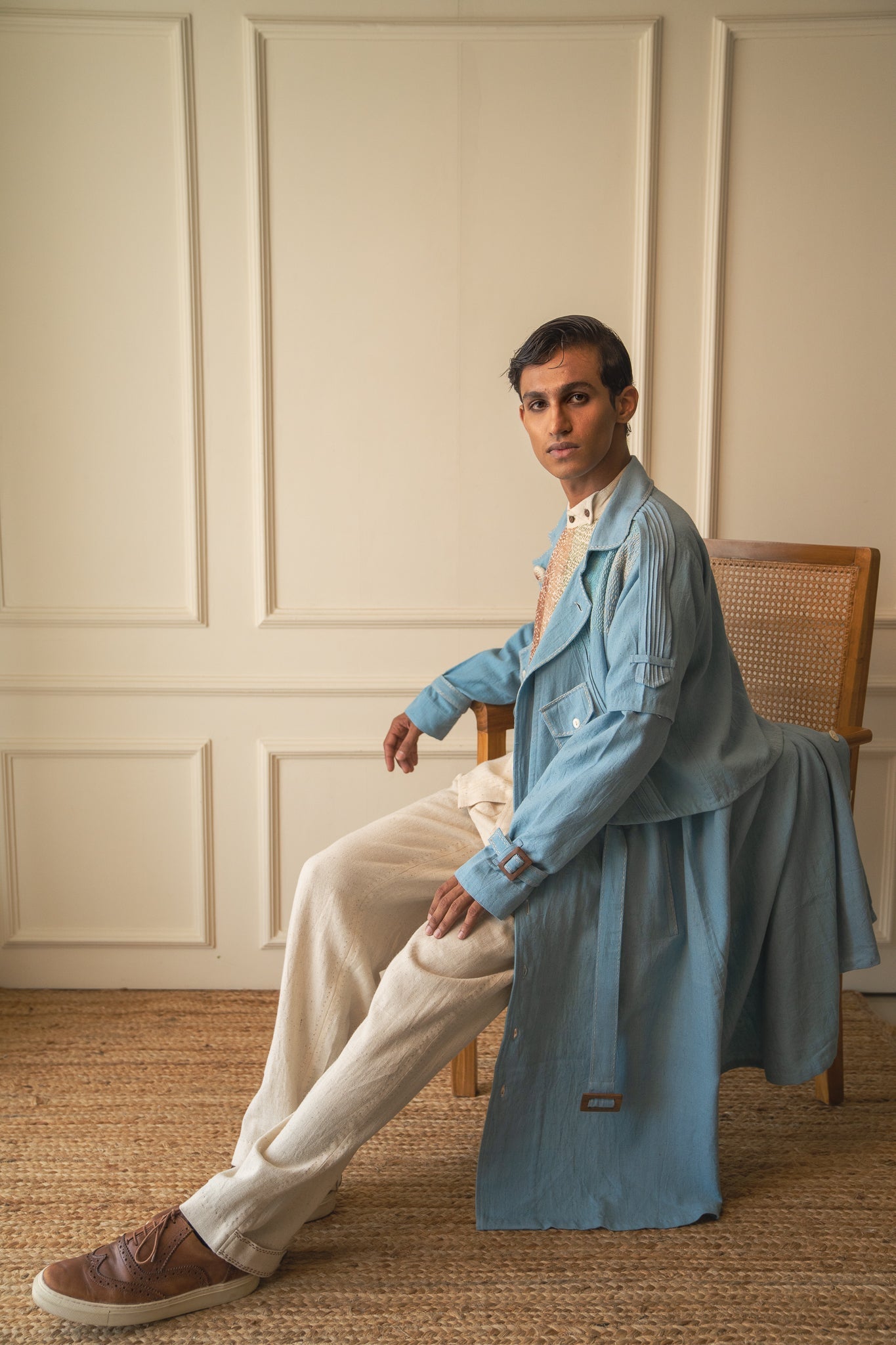 Unisex Deconstructed Trench by Lafaani with 100% pure cotton, Casual Wear, Jackets, Light Blue, Materiality, Memoirs of Materiality by lafaani, Menswear, Natural with azo free dyes, Organic, Regular Fit, Solids, Unisex at Kamakhyaa for sustainable fashion