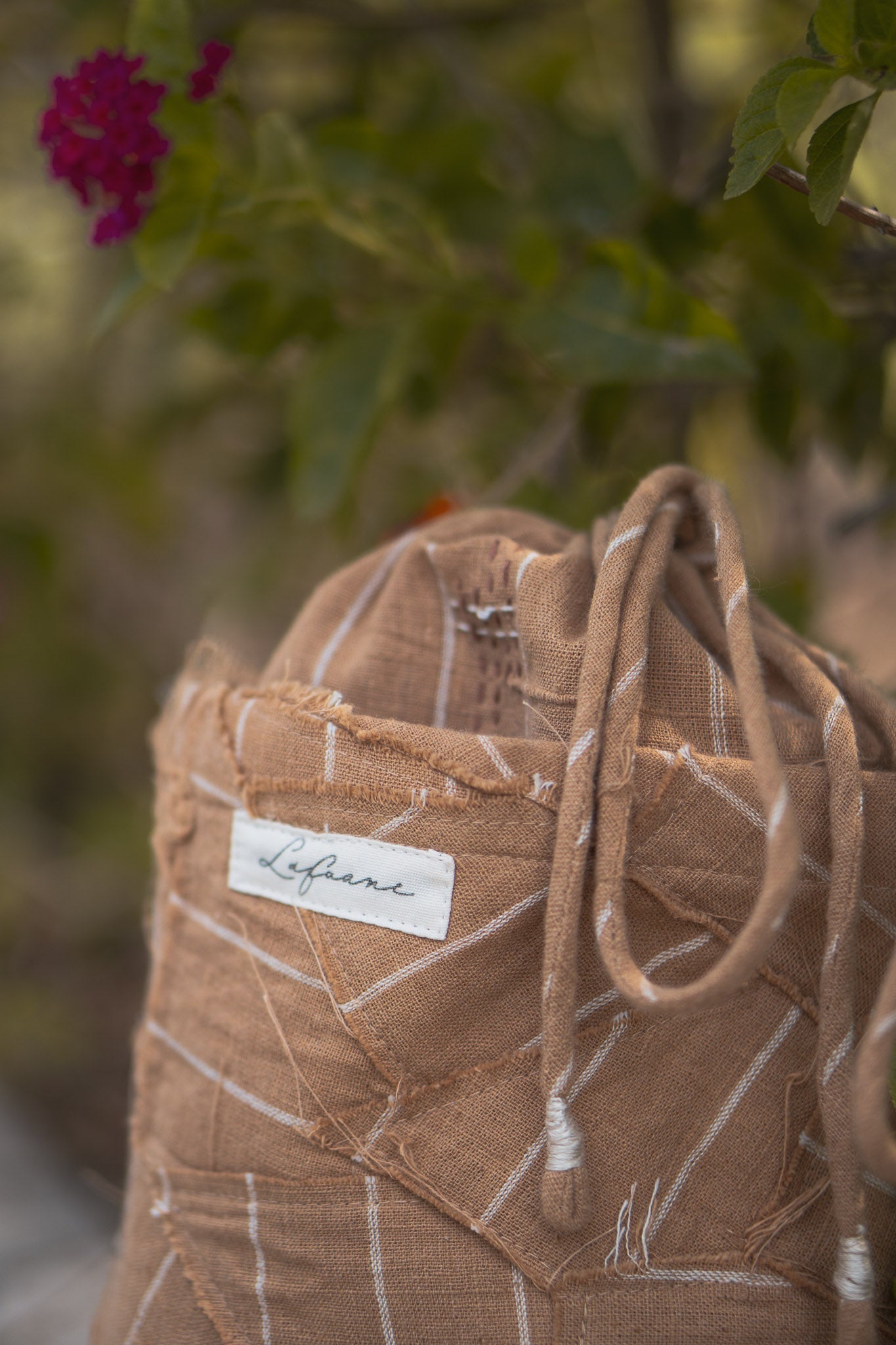 Upcycled Drawstring Bag by Lafaani with 100% pure cotton, Bags, Brown, Casual Wear, Materiality, Memoirs of Materiality by lafaani, Organic, Regular Fit, Solids, Undyed and Unbleached, Upcycled at Kamakhyaa for sustainable fashion