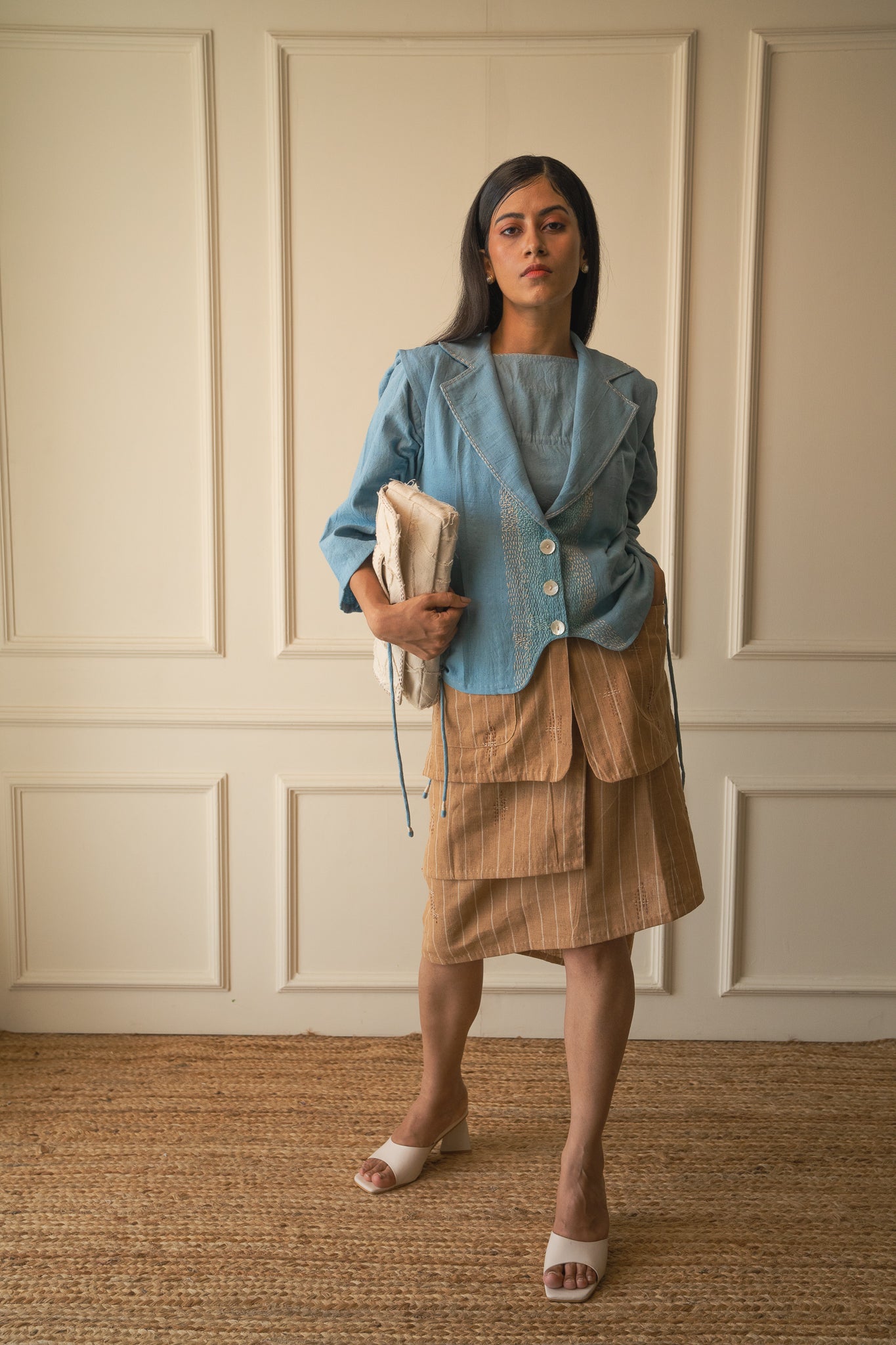 Light Blue Sleeveless Cropped Jacket by Lafaani with 100% pure cotton, Casual Wear, Jackets, Light Blue, Materiality, Memoirs of Materiality by lafaani, Natural with azo free dyes, Organic, Regular Fit, Solids, Womenswear at Kamakhyaa for sustainable fashion