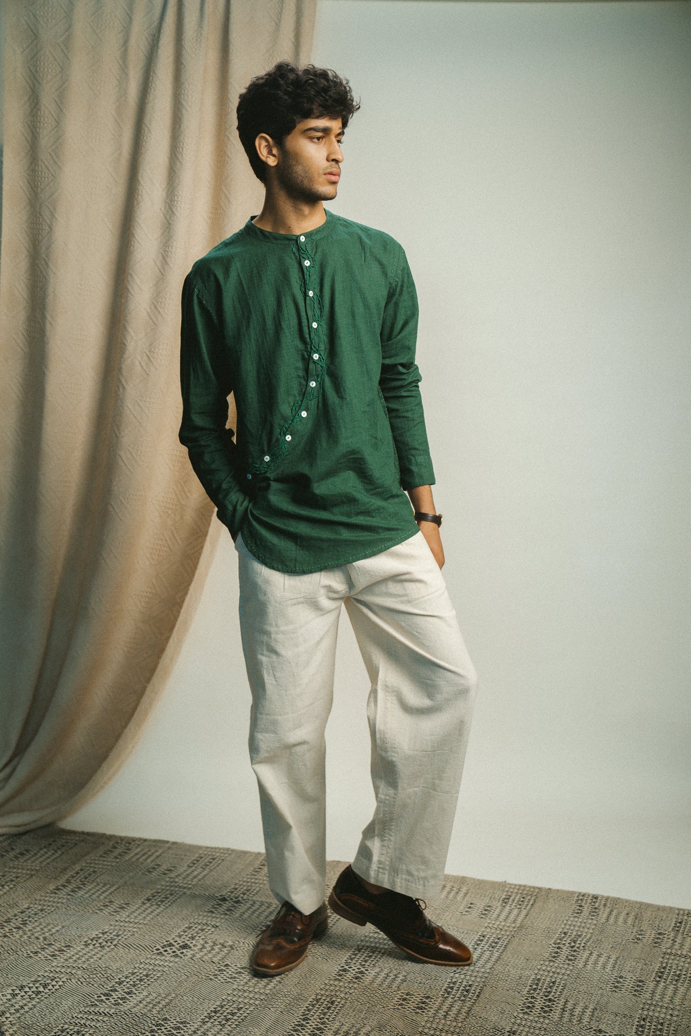 Angrakha Shirt & Pants Set by Lafaani with 100% pure cotton, Casual Wear, Co-ord Sets, Green, Kora, Menswear, Natural with azo free dyes, Organic, Regular Fit, Rewind, Rewind by Lafaani, Solids at Kamakhyaa for sustainable fashion