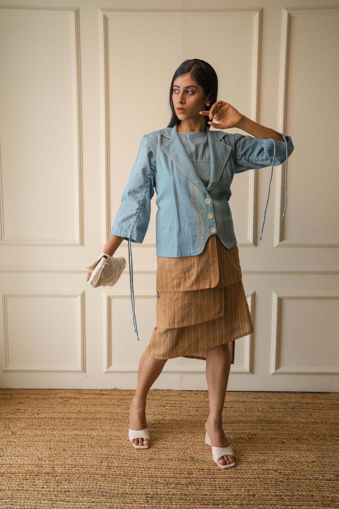 Light Blue Sleeveless Cropped Jacket by Lafaani with 100% pure cotton, Casual Wear, Jackets, Light Blue, Materiality, Memoirs of Materiality by lafaani, Natural with azo free dyes, Organic, Regular Fit, Solids, Womenswear at Kamakhyaa for sustainable fashion