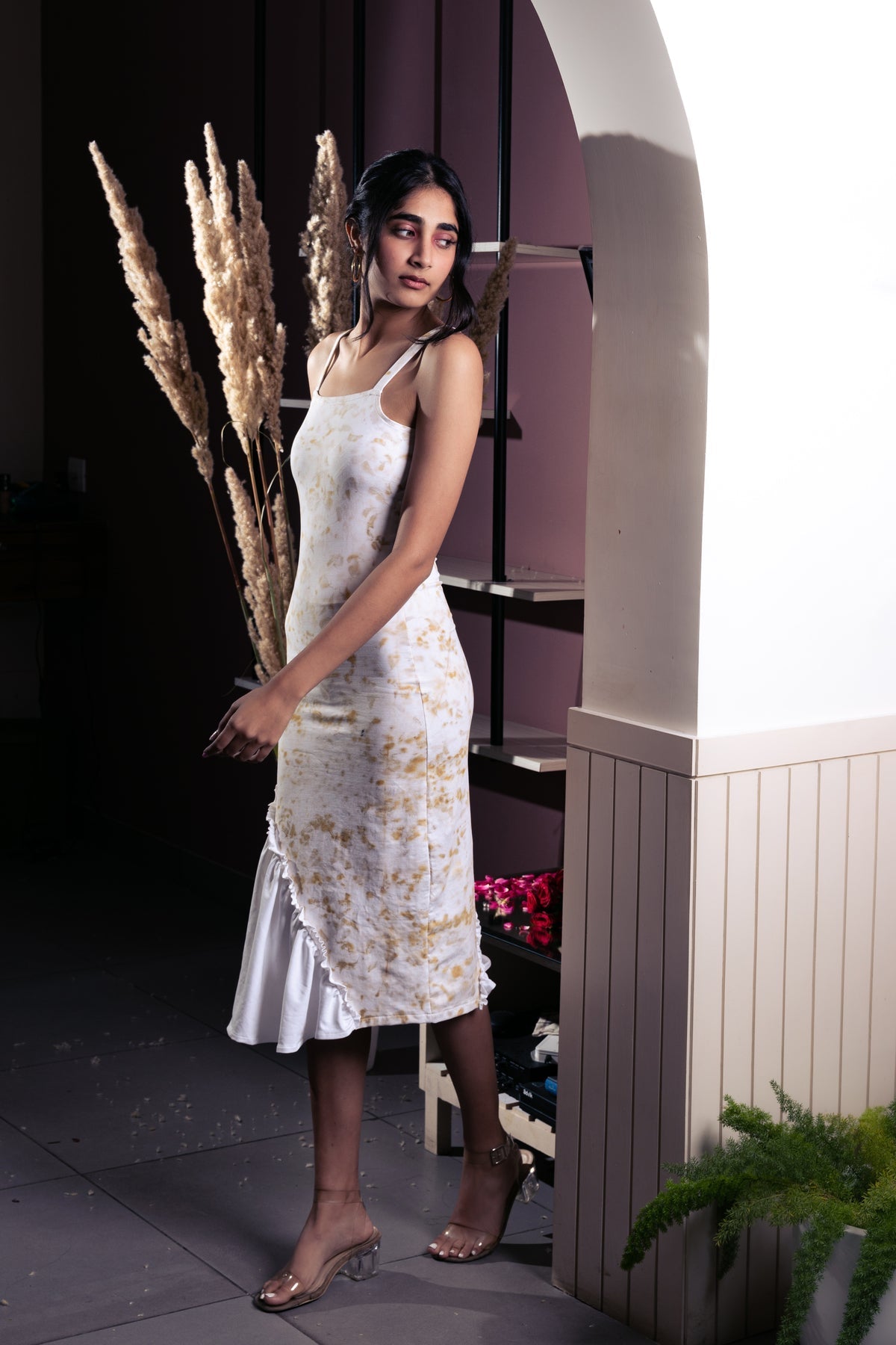 Marigold Eco Print Midi Dress by Meko Studio with Casual Wear, Cotton Terry, Deadstock Fabrics, July Sale, July Sale 2023, Maxi Dresses, Prints, Relaxed Fit, Reroot AW-21/22, Reroot by Meko Studio, Sleeveless Dresses, Strap Dresses, White, Womenswear at Kamakhyaa for sustainable fashion