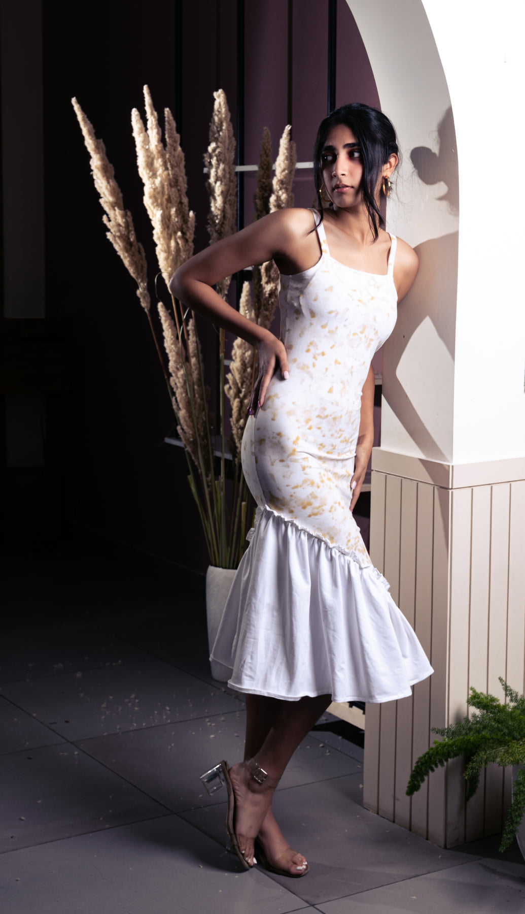 Marigold Eco Print Midi Dress by Meko Studio with Casual Wear, Cotton Terry, Deadstock Fabrics, July Sale, July Sale 2023, Maxi Dresses, Prints, Relaxed Fit, Reroot AW-21/22, Reroot by Meko Studio, Sleeveless Dresses, Strap Dresses, White, Womenswear at Kamakhyaa for sustainable fashion