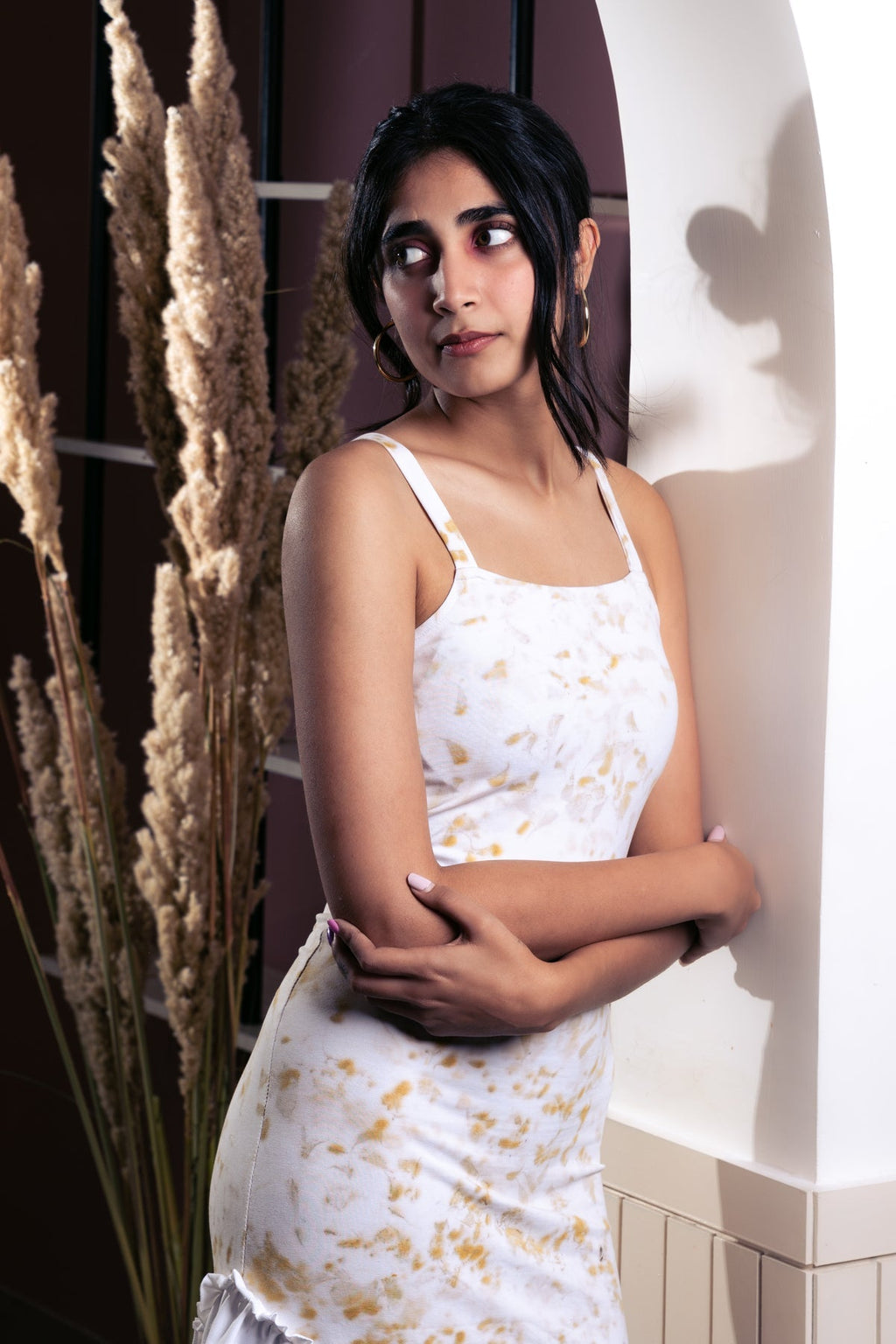 Marigold Eco Print Midi Dress by Meko Studio with Casual Wear, Cotton Terry, Deadstock Fabrics, July Sale, July Sale 2023, Maxi Dresses, Prints, Relaxed Fit, Reroot AW-21/22, Reroot by Meko Studio, Sleeveless Dresses, Strap Dresses, White, Womenswear at Kamakhyaa for sustainable fashion