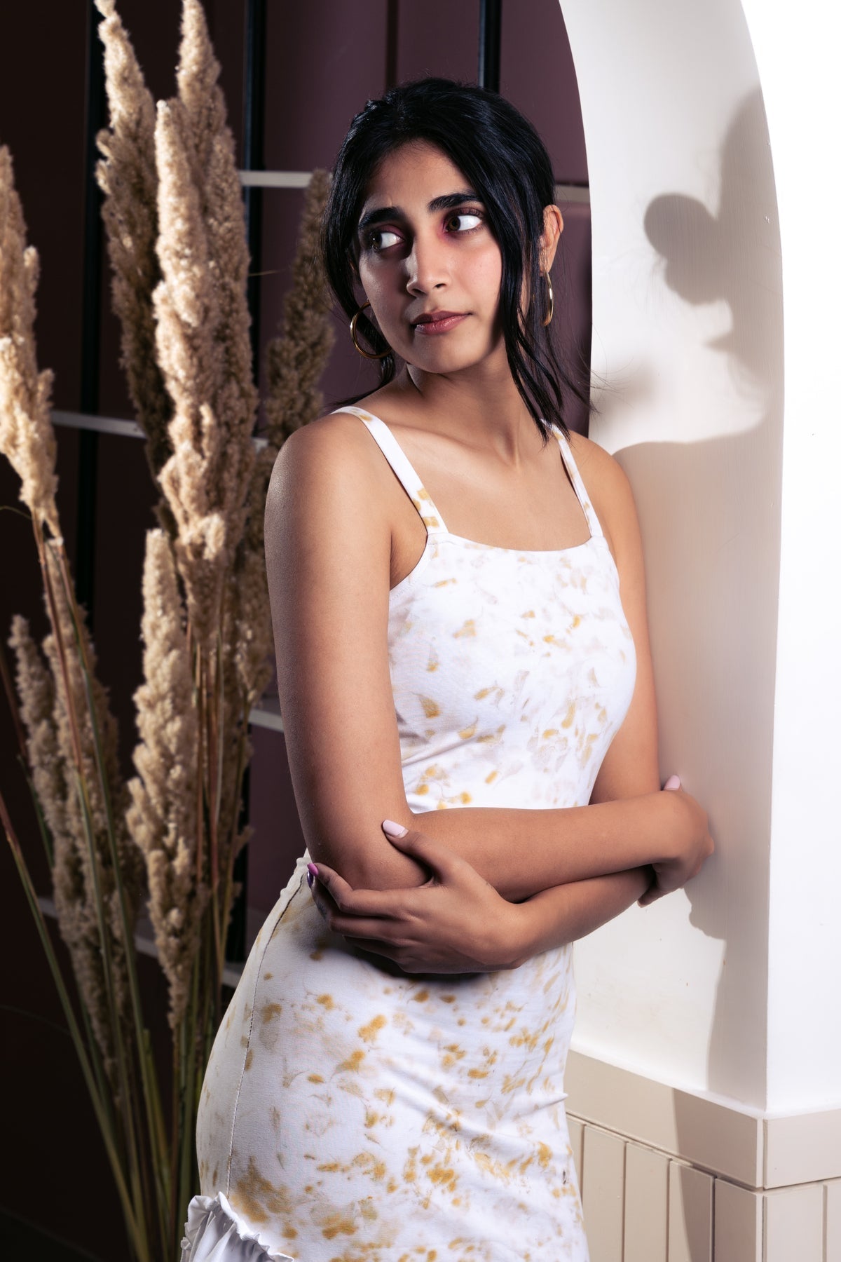 Marigold Eco Print Midi Dress by Meko Studio with Casual Wear, Cotton Terry, Deadstock Fabrics, July Sale, July Sale 2023, Maxi Dresses, Prints, Relaxed Fit, Reroot AW-21/22, Reroot by Meko Studio, Sleeveless Dresses, Strap Dresses, White, Womenswear at Kamakhyaa for sustainable fashion