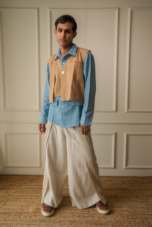 Asymmetric Unisex Waistcoat by Lafaani with 100% pure cotton, Brown, Casual Wear, Materiality, Memoirs of Materiality by lafaani, Menswear, Natural with azo free dyes, Organic, Regular Fit, Solids, Undyed and Unbleached, Unisex, Waistcoat at Kamakhyaa for sustainable fashion