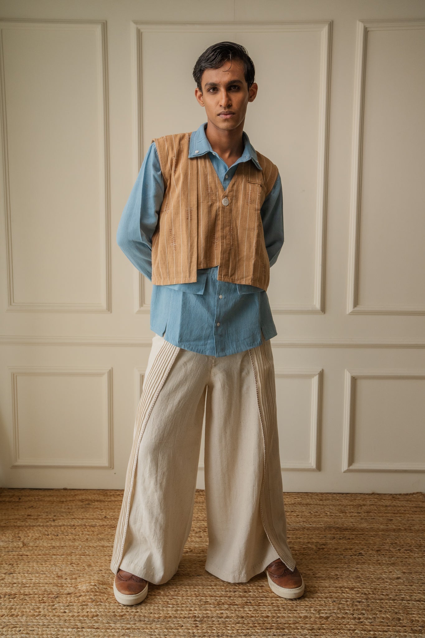 Asymmetric Unisex Waistcoat by Lafaani with 100% pure cotton, Brown, Casual Wear, Materiality, Memoirs of Materiality by lafaani, Menswear, Natural with azo free dyes, Organic, Regular Fit, Solids, Undyed and Unbleached, Unisex, Waistcoat at Kamakhyaa for sustainable fashion