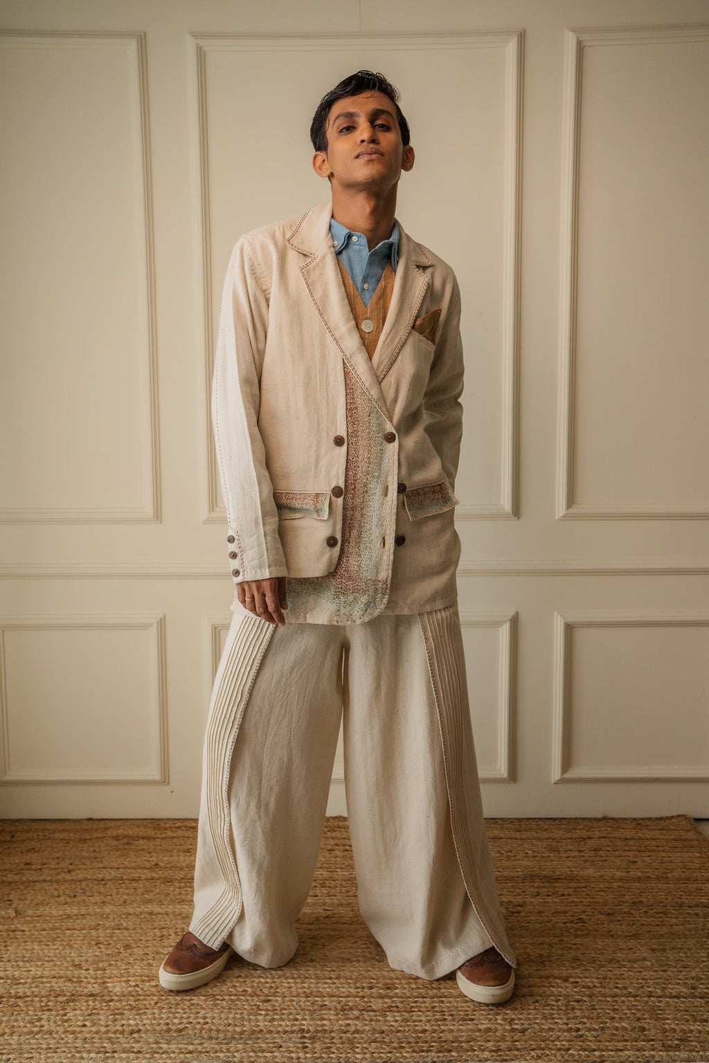 Unisex Double-Breasted Jacket by Lafaani with 100% pure cotton, Casual Wear, Jackets, Kora, Materiality, Memoirs of Materiality by lafaani, Menswear, Natural with azo free dyes, Organic, Regular Fit, Solids, Tops, Unbleached and Undyed, Unisex at Kamakhyaa for sustainable fashion