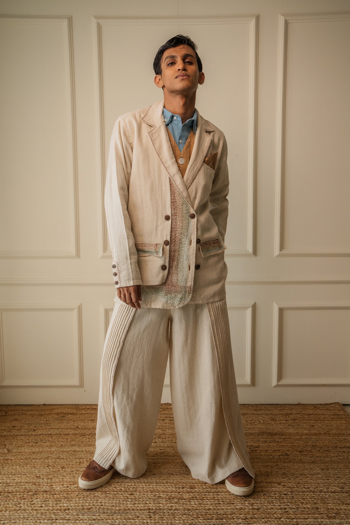 Unisex Double-Breasted Jacket by Lafaani with 100% pure cotton, Casual Wear, Jackets, Kora, Materiality, Memoirs of Materiality by lafaani, Menswear, Natural with azo free dyes, Organic, Regular Fit, Solids, Tops, Unbleached and Undyed, Unisex at Kamakhyaa for sustainable fashion