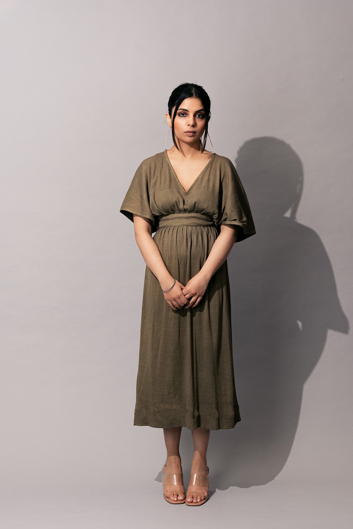 Olive Green Casual Midi Dress by Meko Studio with Casual Wear, Deadstock Fabrics, July Sale, July Sale 2023, Midi Dresses, Olive Green, Prints, Relaxed Fit, Reroot AW-21/22, Reroot by Meko Studio, Womenswear at Kamakhyaa for sustainable fashion