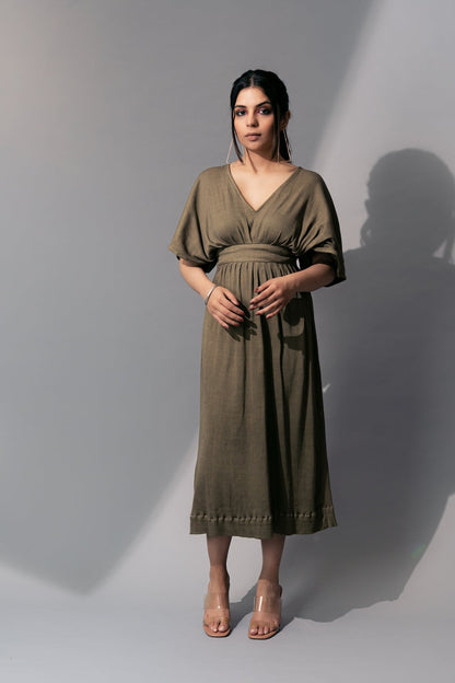 Olive Green Casual Midi Dress by Meko Studio with Casual Wear, Deadstock Fabrics, July Sale, July Sale 2023, Midi Dresses, Olive Green, Prints, Relaxed Fit, Reroot AW-21/22, Reroot by Meko Studio, Womenswear at Kamakhyaa for sustainable fashion