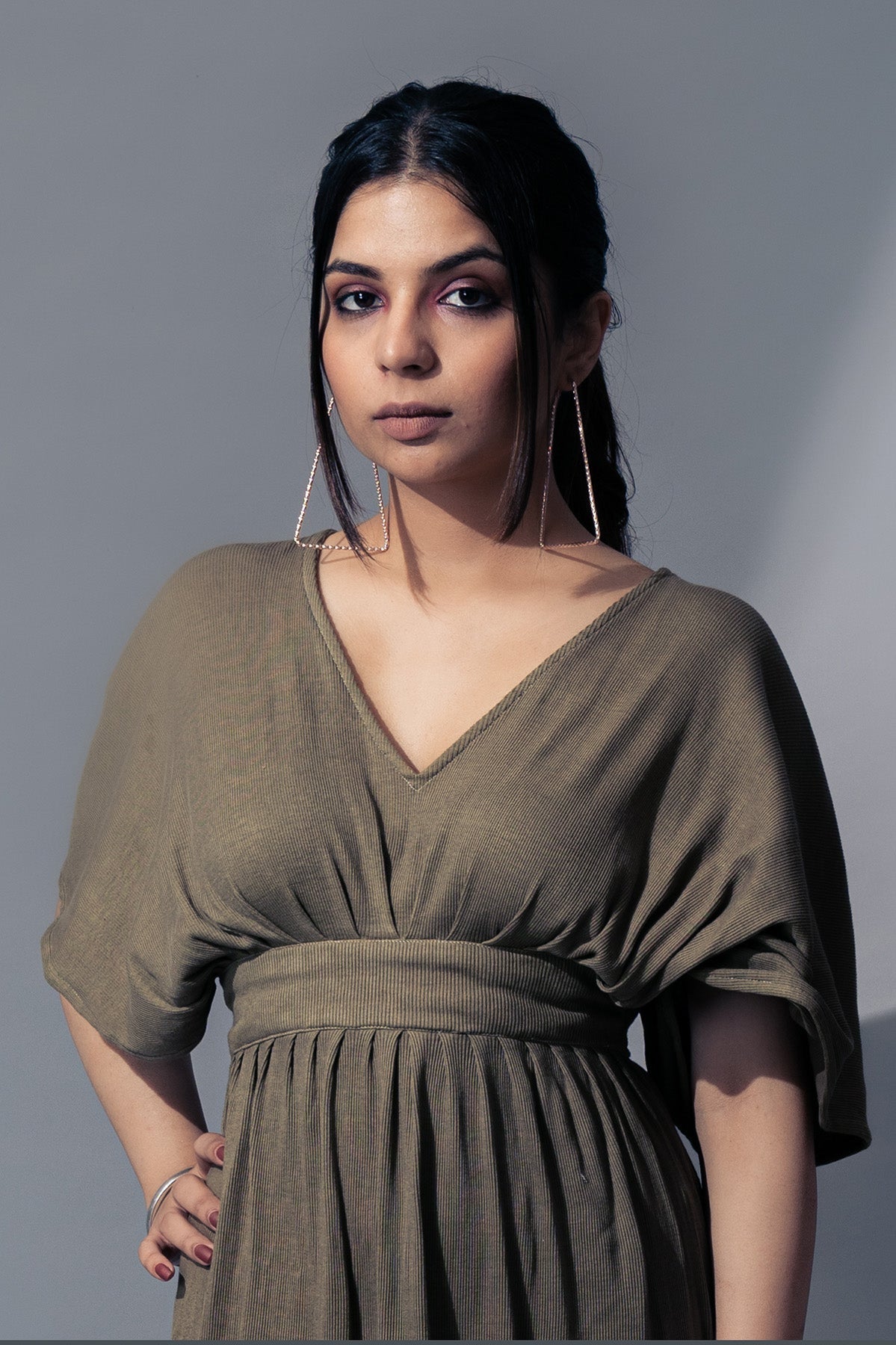 Olive Green Casual Midi Dress by Meko Studio with Casual Wear, Deadstock Fabrics, July Sale, July Sale 2023, Midi Dresses, Olive Green, Prints, Relaxed Fit, Reroot AW-21/22, Reroot by Meko Studio, Womenswear at Kamakhyaa for sustainable fashion