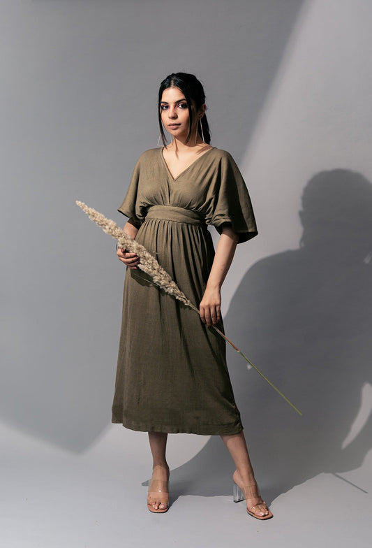 Olive Green Casual Midi Dress by Meko Studio with Casual Wear, Deadstock Fabrics, July Sale, July Sale 2023, Midi Dresses, Olive Green, Prints, Relaxed Fit, Reroot AW-21/22, Reroot by Meko Studio, Womenswear at Kamakhyaa for sustainable fashion
