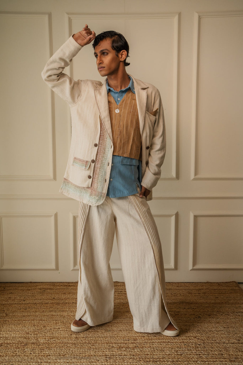 Unisex Double-Breasted Jacket by Lafaani with 100% pure cotton, Casual Wear, Jackets, Kora, Materiality, Memoirs of Materiality by lafaani, Menswear, Natural with azo free dyes, Organic, Regular Fit, Solids, Tops, Unbleached and Undyed, Unisex at Kamakhyaa for sustainable fashion