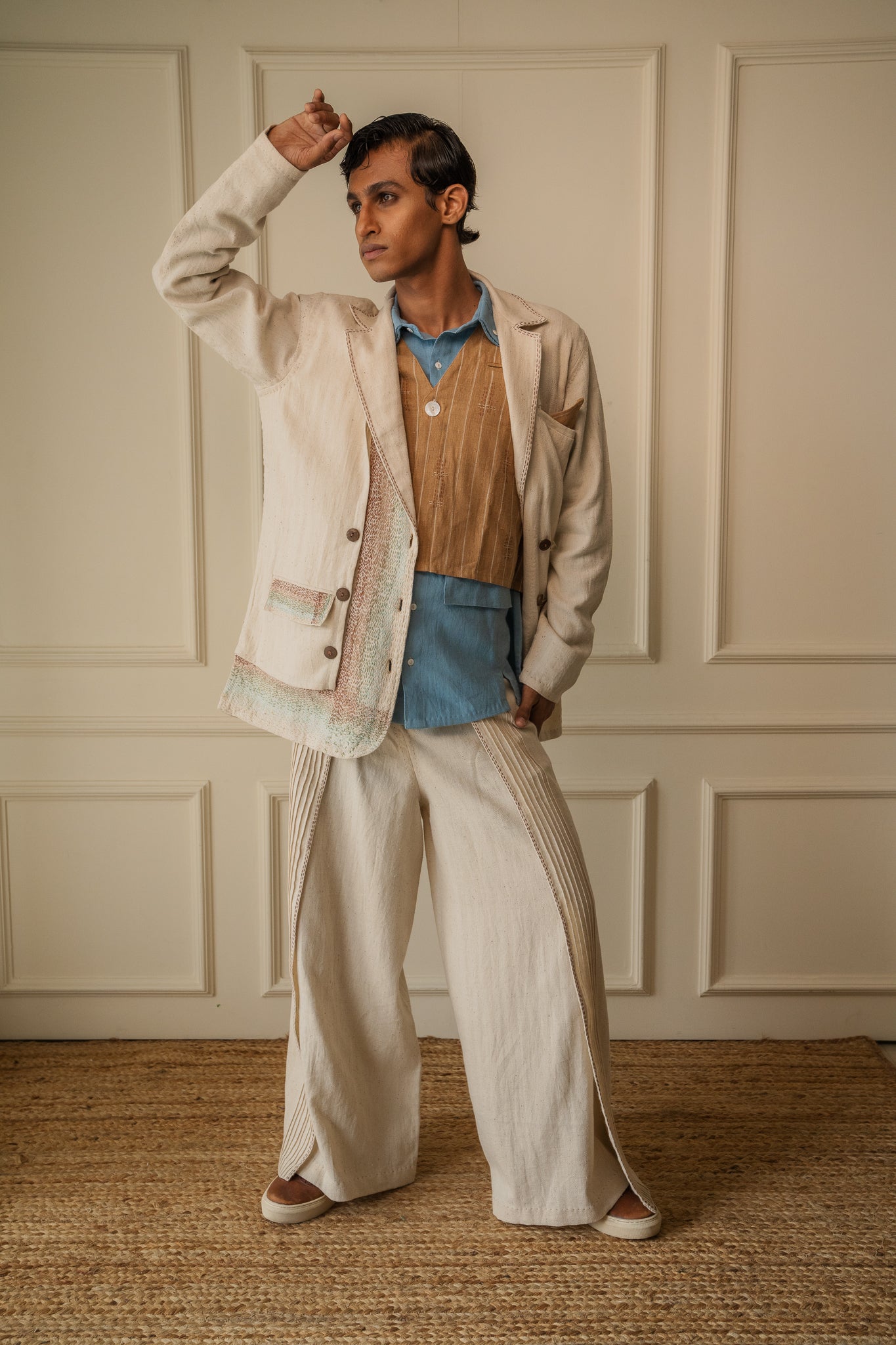 Unisex Double-Breasted Jacket by Lafaani with 100% pure cotton, Casual Wear, Jackets, Kora, Materiality, Memoirs of Materiality by lafaani, Menswear, Natural with azo free dyes, Organic, Regular Fit, Solids, Tops, Unbleached and Undyed, Unisex at Kamakhyaa for sustainable fashion