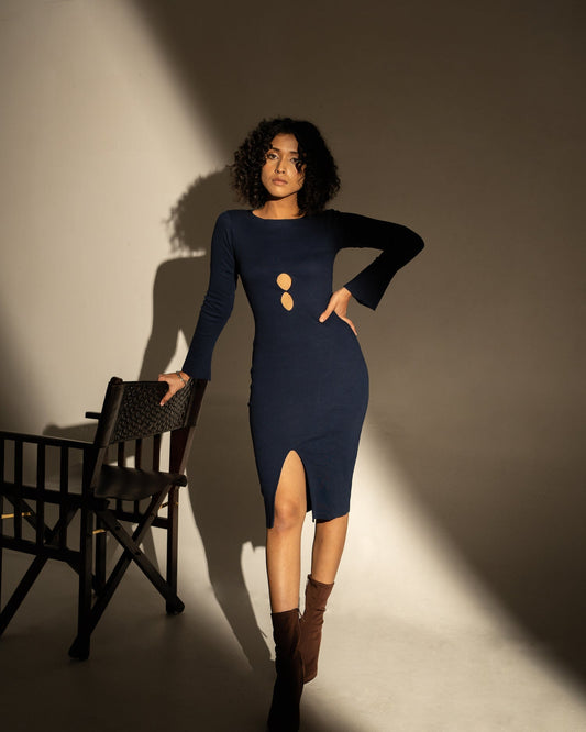 Royal Blue Solid Midi Dress by Meko Studio with Blue, Cotton, Evening Wear, July Sale, July Sale 2023, Lycra, Midi Dresses, Recycled Cotton, Recycled Polyster, Slim Fit, Solids, Tranquil AW-22/23, Tranquil by Meko Studio, Womenswear at Kamakhyaa for sustainable fashion