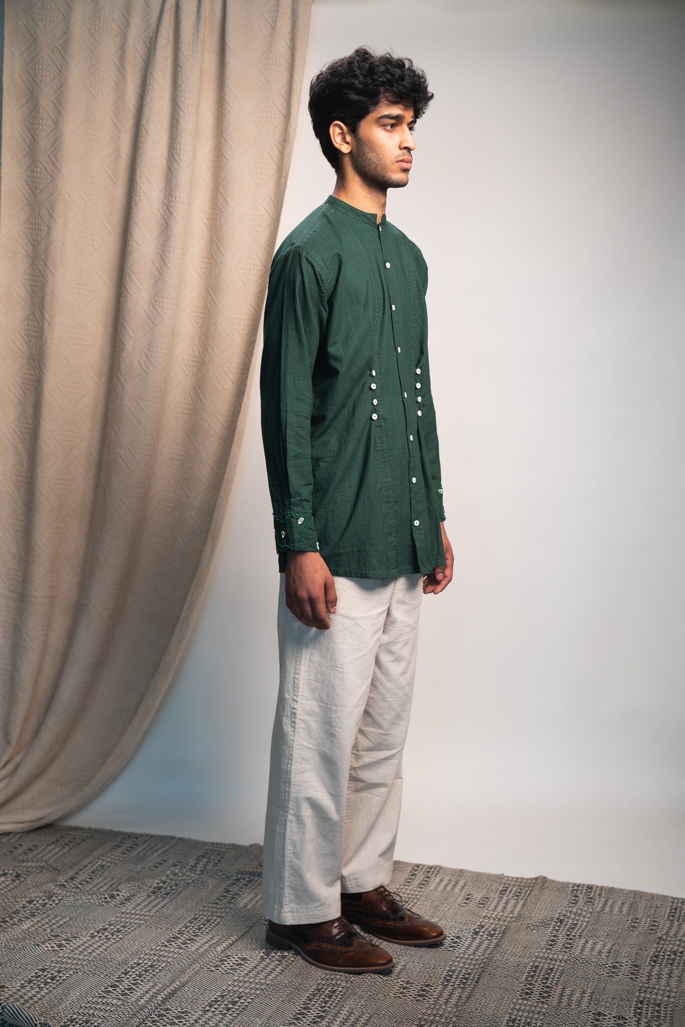 Button Detail Shirt & Pants Set by Lafaani with 100% pure cotton, Casual Wear, Co-ord Sets, Green, Kora, Menswear, Natural with azo free dyes, Organic, Regular Fit, Rewind, Rewind by Lafaani, Solids at Kamakhyaa for sustainable fashion