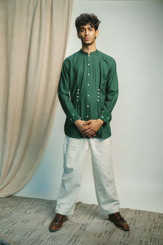 Button Detail Shirt & Pants Set by Lafaani with 100% pure cotton, Casual Wear, Co-ord Sets, Green, Kora, Menswear, Natural with azo free dyes, Organic, Regular Fit, Rewind, Rewind by Lafaani, Solids at Kamakhyaa for sustainable fashion