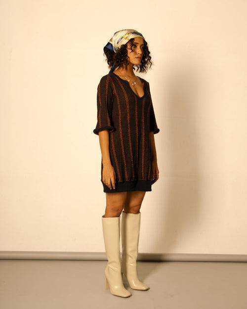Blue & Orange Stripe Mini Dress by Meko Studio with Blue, Casual Wear, July Sale, July Sale 2023, Mini Dresses, Orange, Recycled Cotton, Recycled Polyster, Relaxed Fit, Stripes, Tranquil AW-22/23, Tranquil by Meko Studio, Womenswear at Kamakhyaa for sustainable fashion