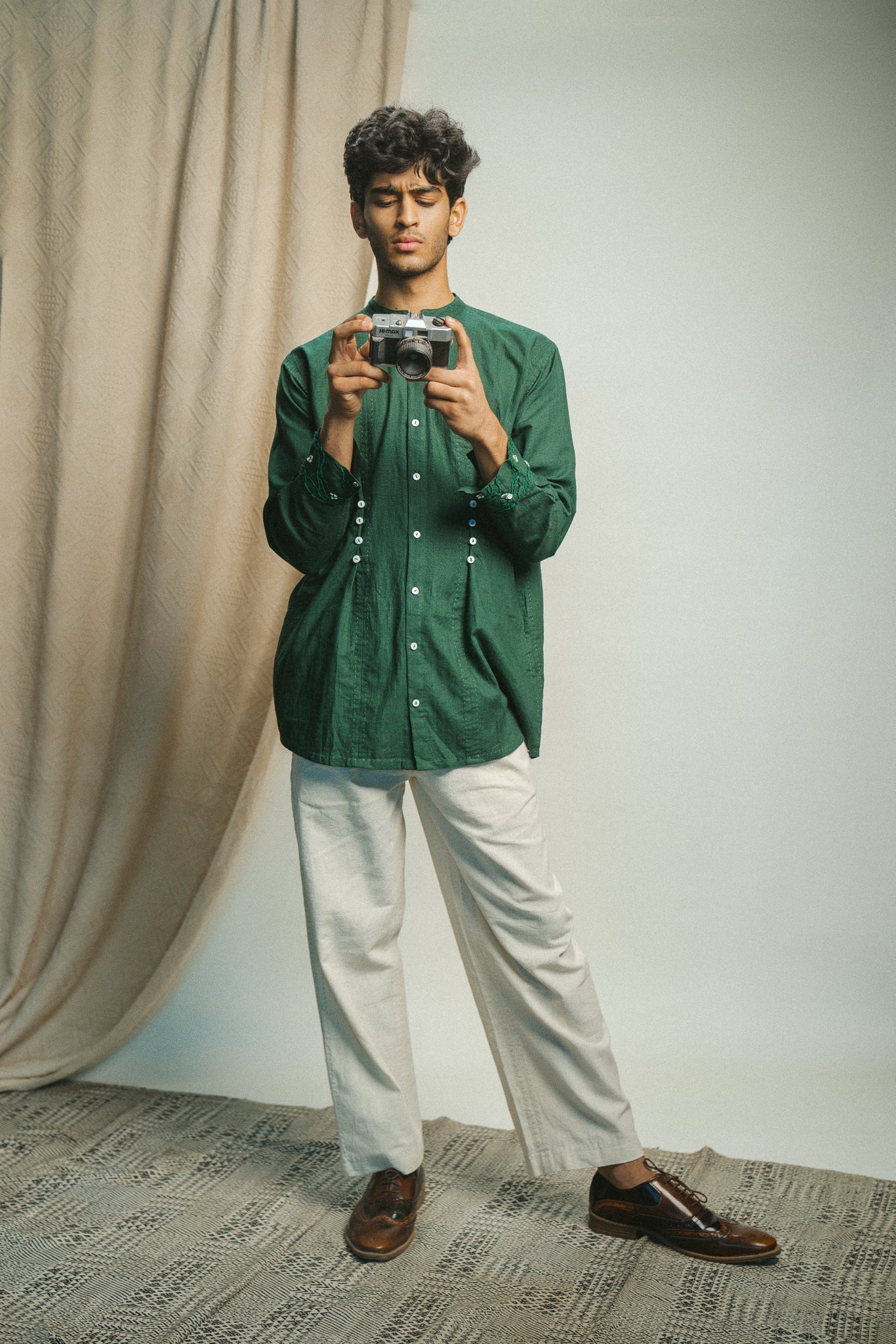 Button Detail Shirt & Pants Set by Lafaani with 100% pure cotton, Casual Wear, Co-ord Sets, Green, Kora, Menswear, Natural with azo free dyes, Organic, Regular Fit, Rewind, Rewind by Lafaani, Solids at Kamakhyaa for sustainable fashion