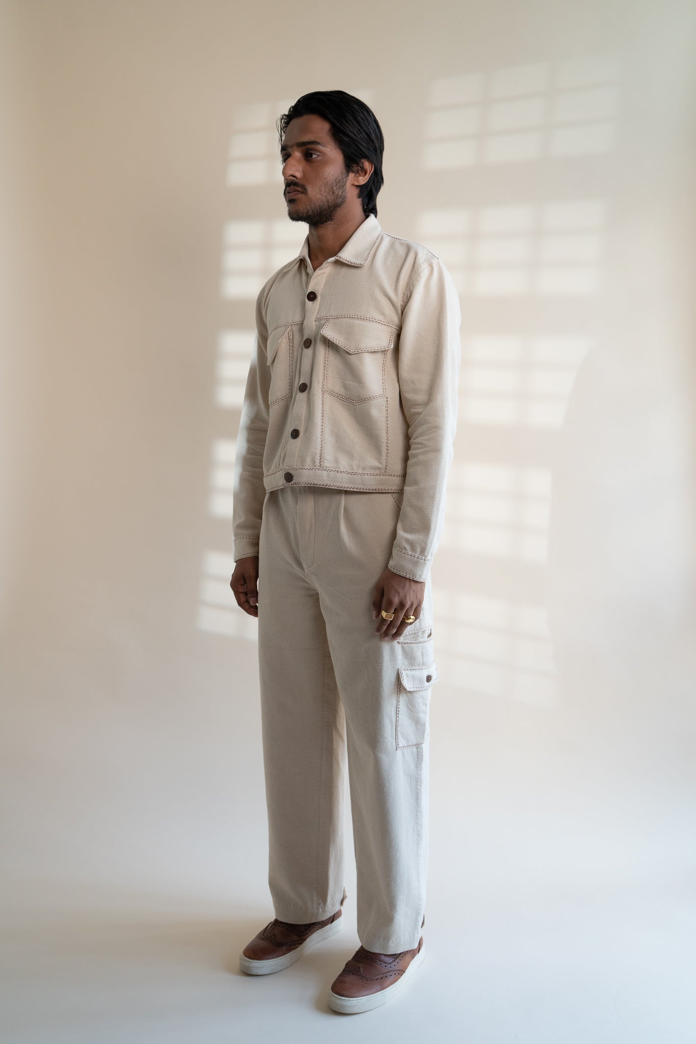 Dawning Denim Jacket & Utility Pants Set by Lafaani with Beige, Bottoms, Casual Wear, Co-ord Sets, Dawning by Lafaani, Denim, Embroidered, For Him, Hand Woven Cotton, Kora, Mens Co-ords, Menswear, Natural, Regular Fit at Kamakhyaa for sustainable fashion