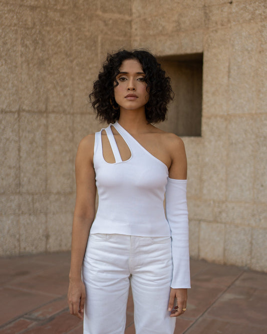 White Sleeveless Top by Meko Studio with Cotton, Evening Wear, July Sale, July Sale 2023, Lycra, One Shoulder Tops, Slim Fit, Solid Selfmade, Solids, Sourced from dead stock yarns, Tops, Tranquil AW-22/23, Tranquil by Meko Studio, White, Womenswear at Kamakhyaa for sustainable fashion