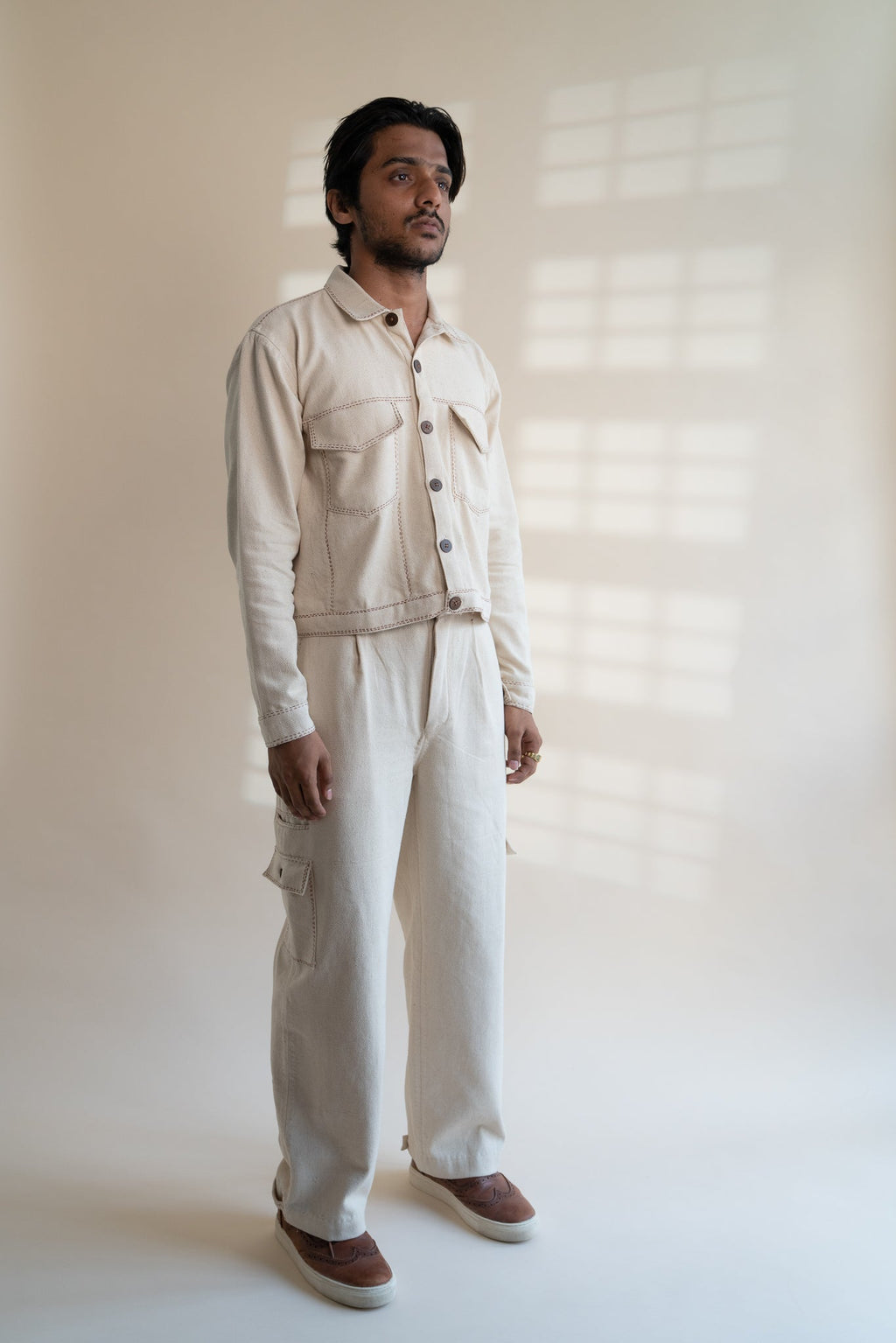 Dawning Denim Jacket & Utility Pants Set by Lafaani with Beige, Bottoms, Casual Wear, Co-ord Sets, Dawning by Lafaani, Denim, Embroidered, For Him, Hand Woven Cotton, Kora, Mens Co-ords, Menswear, Natural, Regular Fit at Kamakhyaa for sustainable fashion