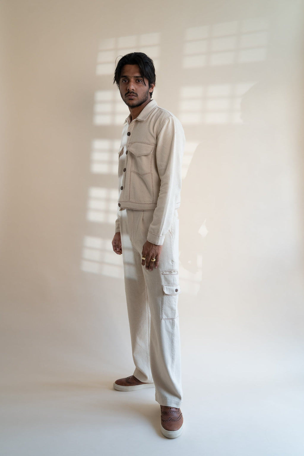 Dawning Denim Jacket & Utility Pants Set by Lafaani with Beige, Bottoms, Casual Wear, Co-ord Sets, Dawning by Lafaani, Denim, Embroidered, For Him, Hand Woven Cotton, Kora, Mens Co-ords, Menswear, Natural, Regular Fit at Kamakhyaa for sustainable fashion
