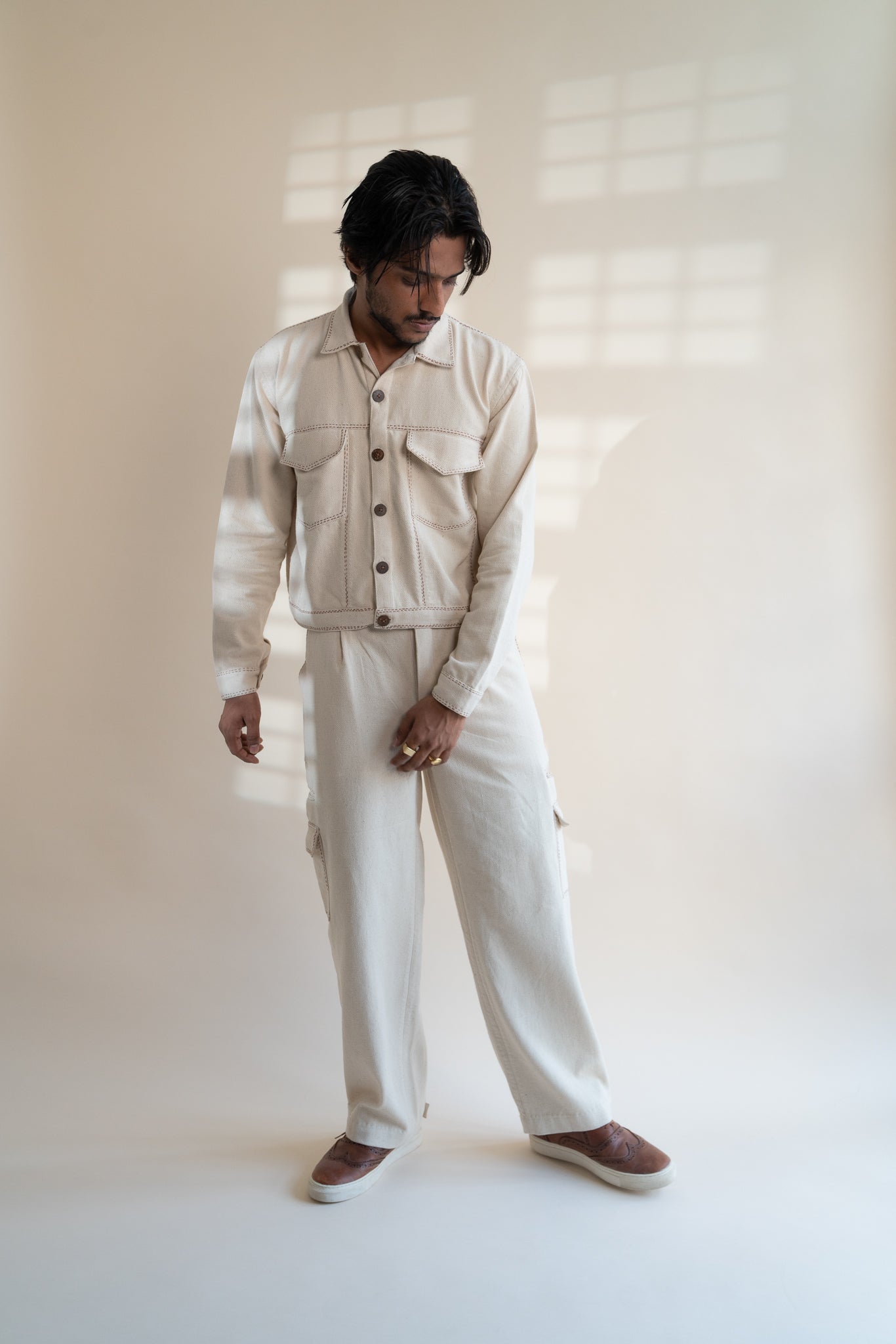 Dawning Denim Jacket & Utility Pants Set by Lafaani with Beige, Bottoms, Casual Wear, Co-ord Sets, Dawning by Lafaani, Denim, Embroidered, For Him, Hand Woven Cotton, Kora, Mens Co-ords, Menswear, Natural, Regular Fit at Kamakhyaa for sustainable fashion