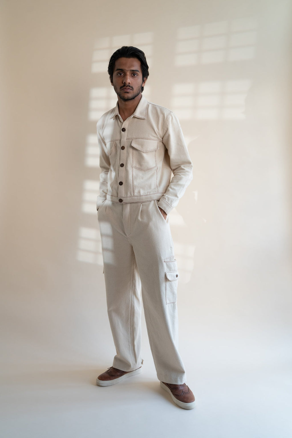 Dawning Denim Jacket by Lafaani with Beige, Casual Wear, Dawning by Lafaani, Denim, Embroidered, For Him, Hand Woven Cotton, Jackets, Kora, Mens Overlay, Menswear, Natural, Regular Fit at Kamakhyaa for sustainable fashion