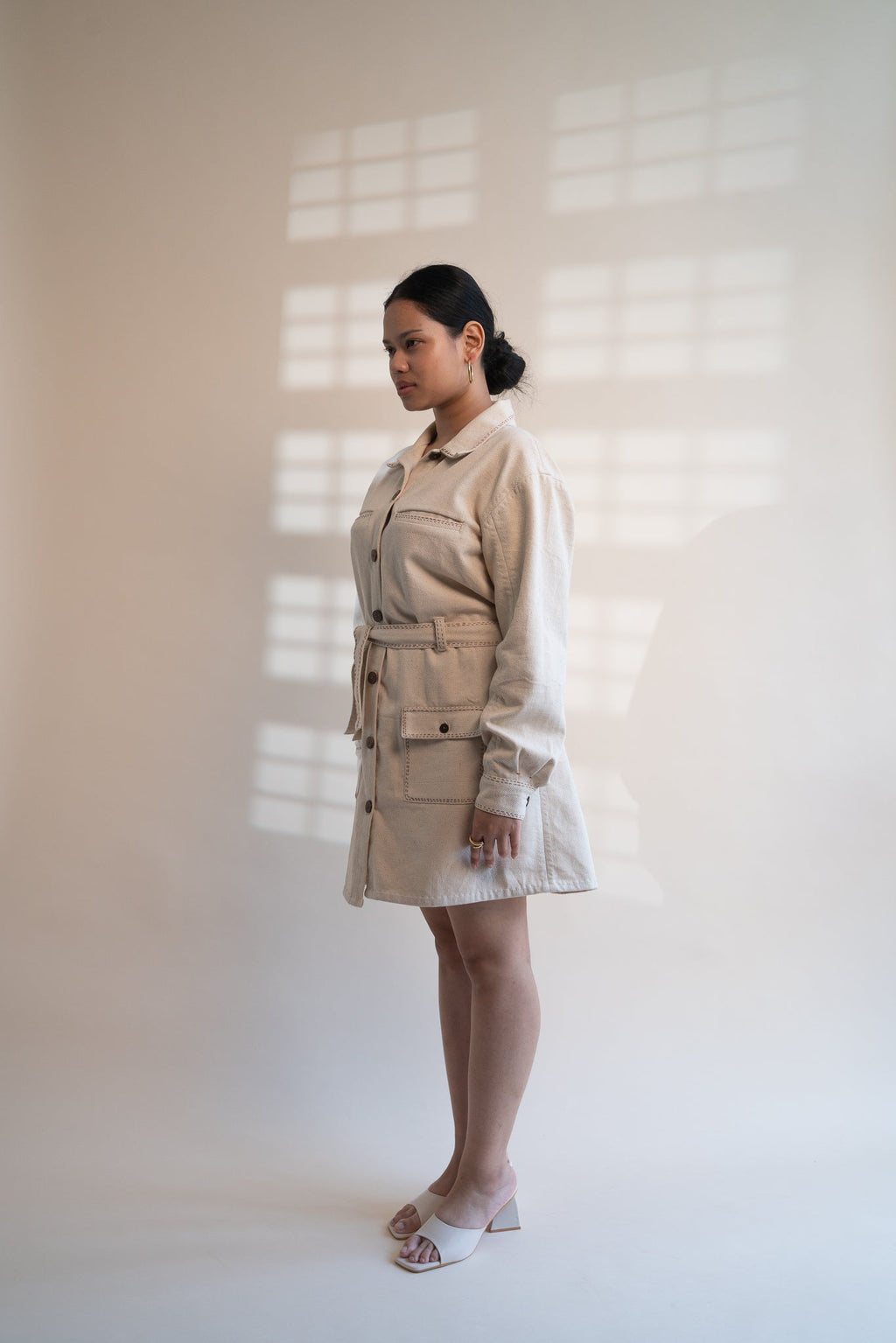 Dawning Denim Dress by Lafaani with Beige, Casual Wear, Dawning by Lafaani, Denim, Embroidered, Hand Woven Cotton, Kora, Natural, Regular Fit, Shirt Dresses, Shirts, Womenswear at Kamakhyaa for sustainable fashion