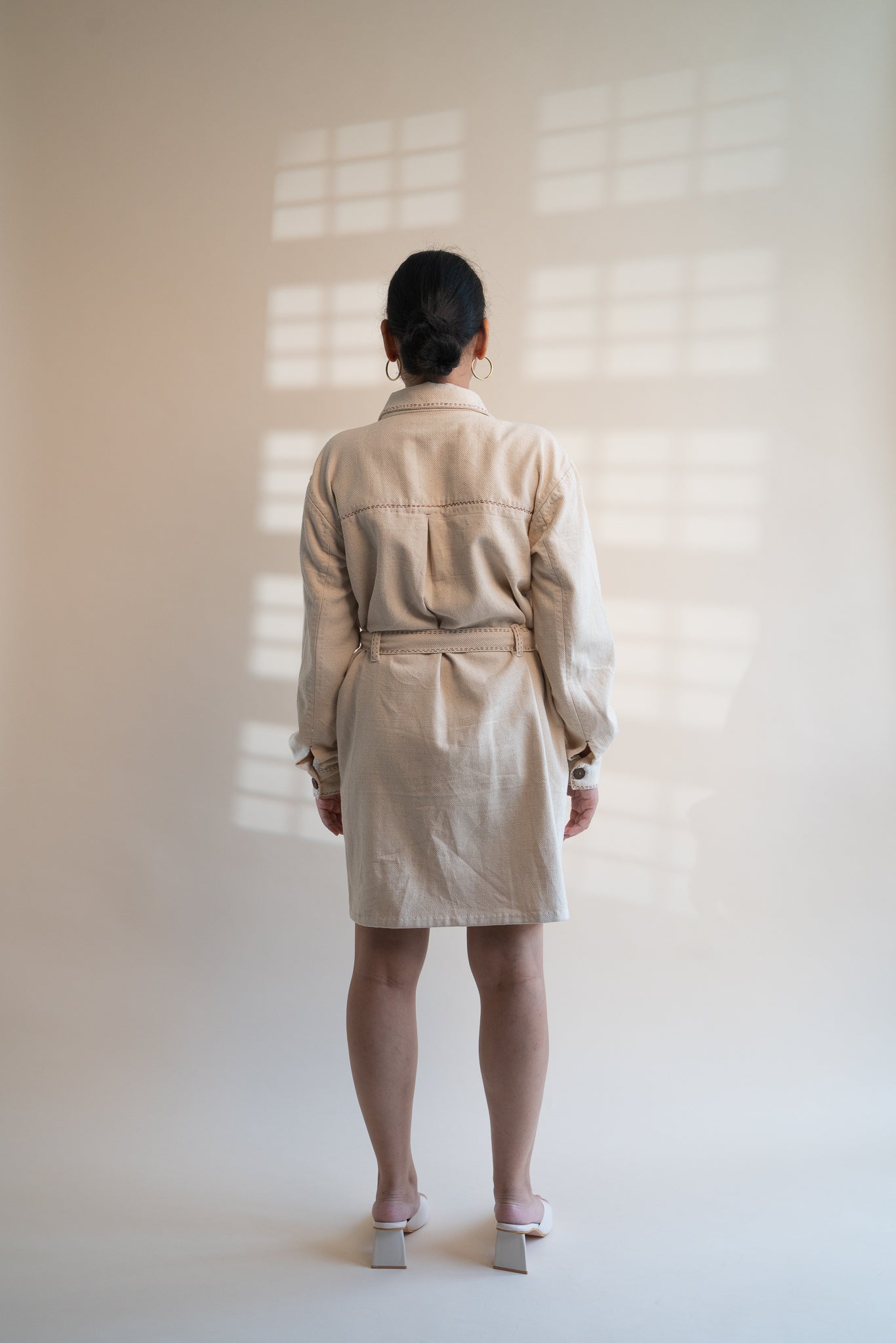 Dawning Denim Dress by Lafaani with Beige, Casual Wear, Dawning by Lafaani, Denim, Embroidered, Hand Woven Cotton, Kora, Natural, Regular Fit, Shirt Dresses, Shirts, Womenswear at Kamakhyaa for sustainable fashion