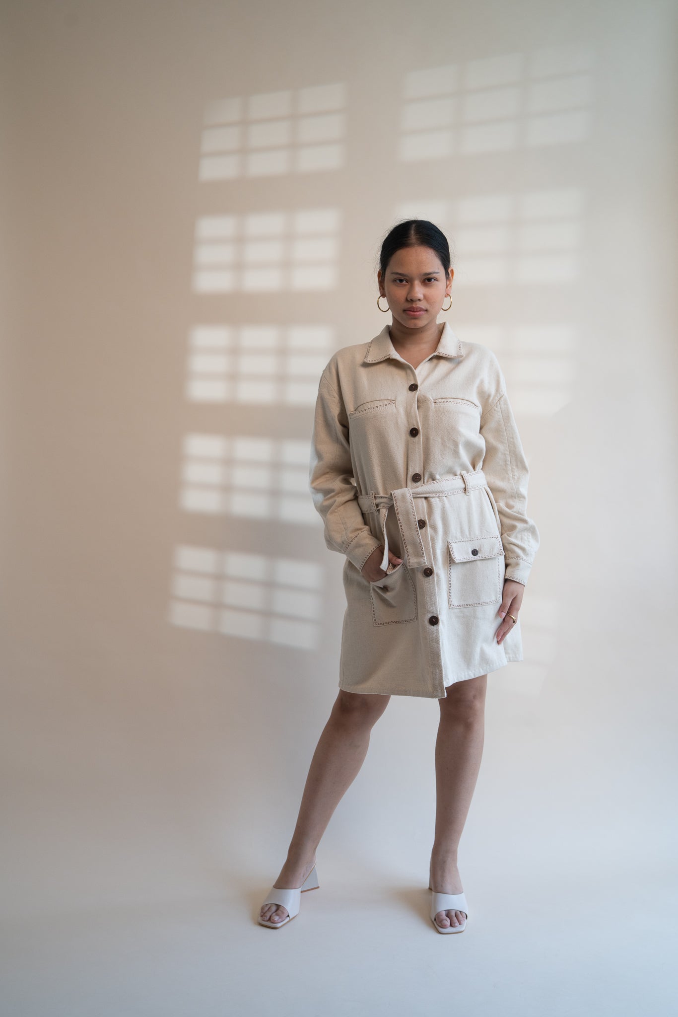 Dawning Denim Dress by Lafaani with Beige, Casual Wear, Dawning by Lafaani, Denim, Embroidered, Hand Woven Cotton, Kora, Natural, Regular Fit, Shirt Dresses, Shirts, Womenswear at Kamakhyaa for sustainable fashion