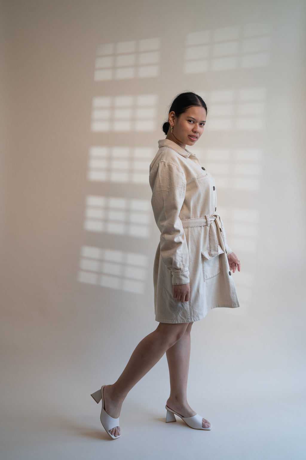 Dawning Denim Dress by Lafaani with Beige, Casual Wear, Dawning by Lafaani, Denim, Embroidered, Hand Woven Cotton, Kora, Natural, Regular Fit, Shirt Dresses, Shirts, Womenswear at Kamakhyaa for sustainable fashion