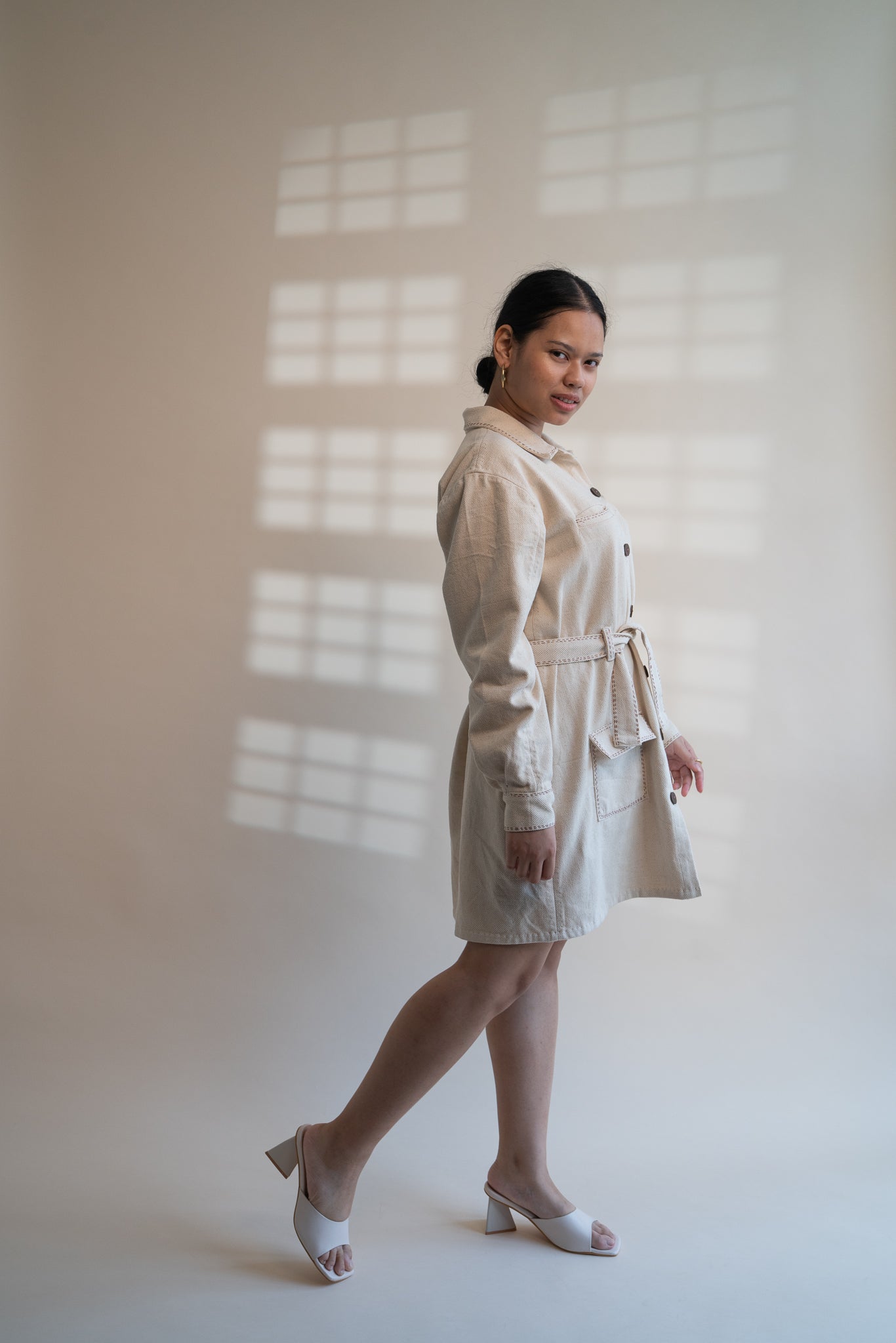 Dawning Denim Dress by Lafaani with Beige, Casual Wear, Dawning by Lafaani, Denim, Embroidered, Hand Woven Cotton, Kora, Natural, Regular Fit, Shirt Dresses, Shirts, Womenswear at Kamakhyaa for sustainable fashion