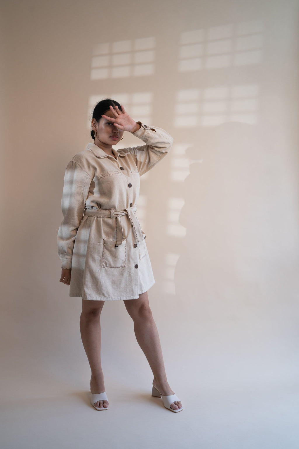 Dawning Denim Dress by Lafaani with Beige, Casual Wear, Dawning by Lafaani, Denim, Embroidered, Hand Woven Cotton, Kora, Natural, Regular Fit, Shirt Dresses, Shirts, Womenswear at Kamakhyaa for sustainable fashion