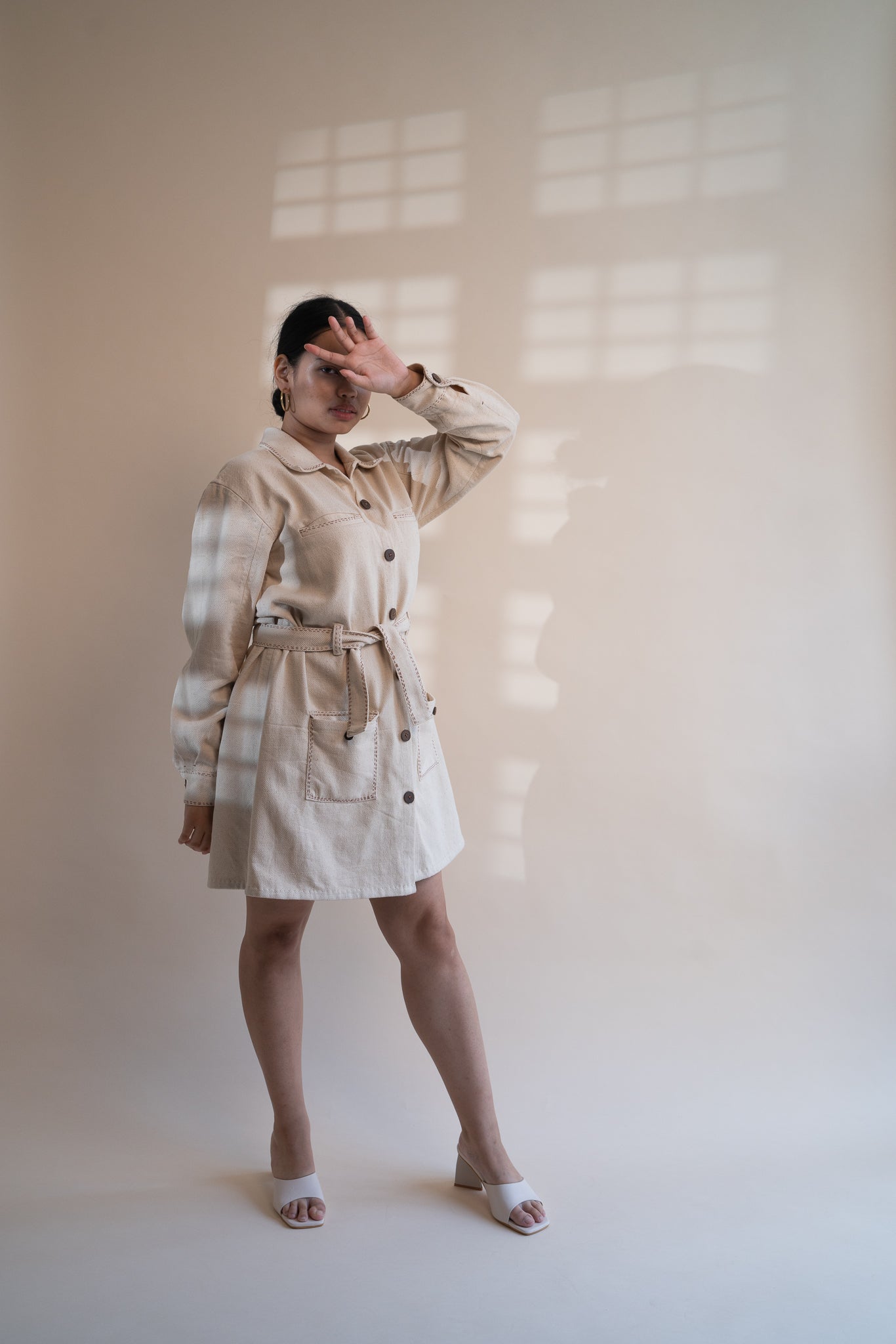 Dawning Denim Dress by Lafaani with Beige, Casual Wear, Dawning by Lafaani, Denim, Embroidered, Hand Woven Cotton, Kora, Natural, Regular Fit, Shirt Dresses, Shirts, Womenswear at Kamakhyaa for sustainable fashion