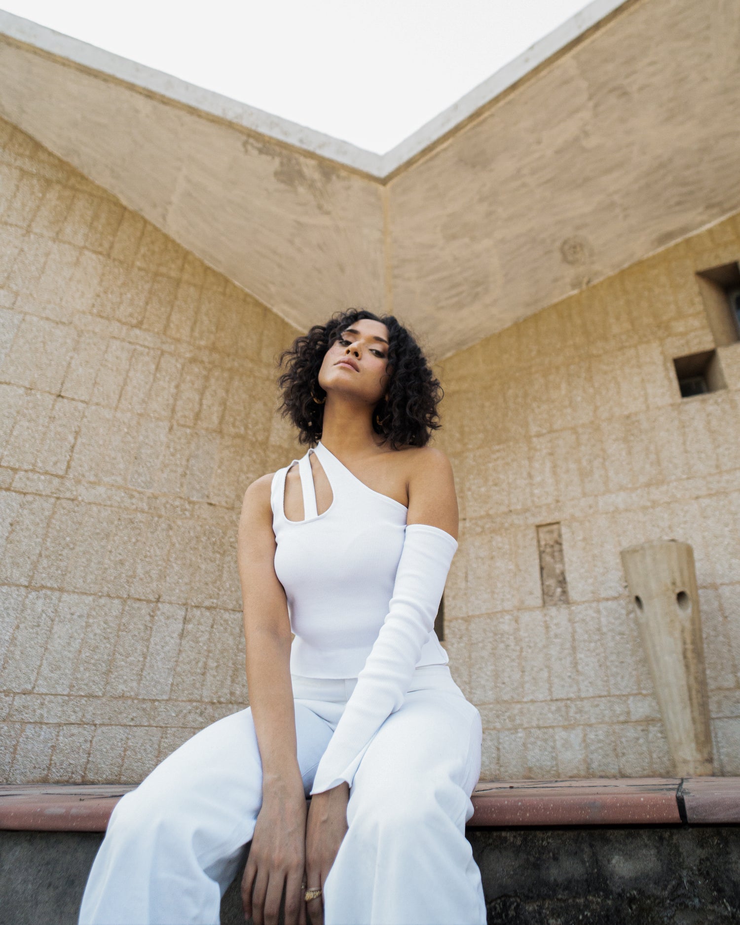 White Sleeveless Top by Meko Studio with Cotton, Evening Wear, July Sale, July Sale 2023, Lycra, One Shoulder Tops, Slim Fit, Solid Selfmade, Solids, Sourced from dead stock yarns, Tops, Tranquil AW-22/23, Tranquil by Meko Studio, White, Womenswear at Kamakhyaa for sustainable fashion