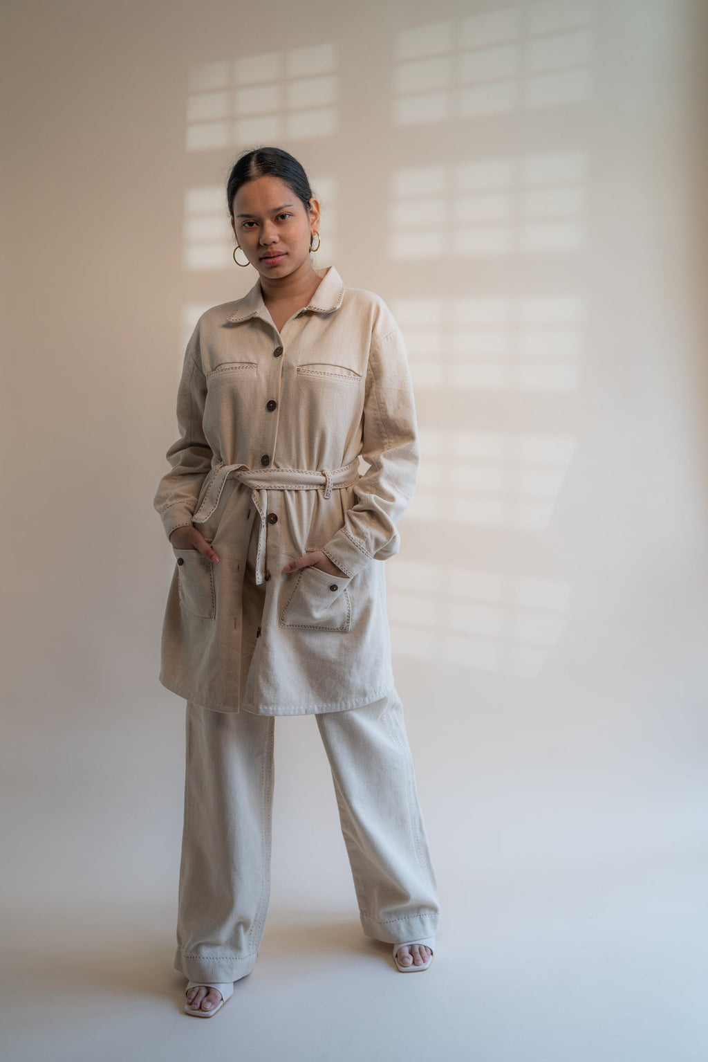 Dawning Denim Dress & Patch Pocket Pants Set by Lafaani with Beige, Casual Wear, Co-ord Sets, Dawning by Lafaani, Denim, Embroidered, Hand Woven Cotton, Kora, Natural, Regular Fit, Vacation, Vacation Co-ords, Womenswear at Kamakhyaa for sustainable fashion