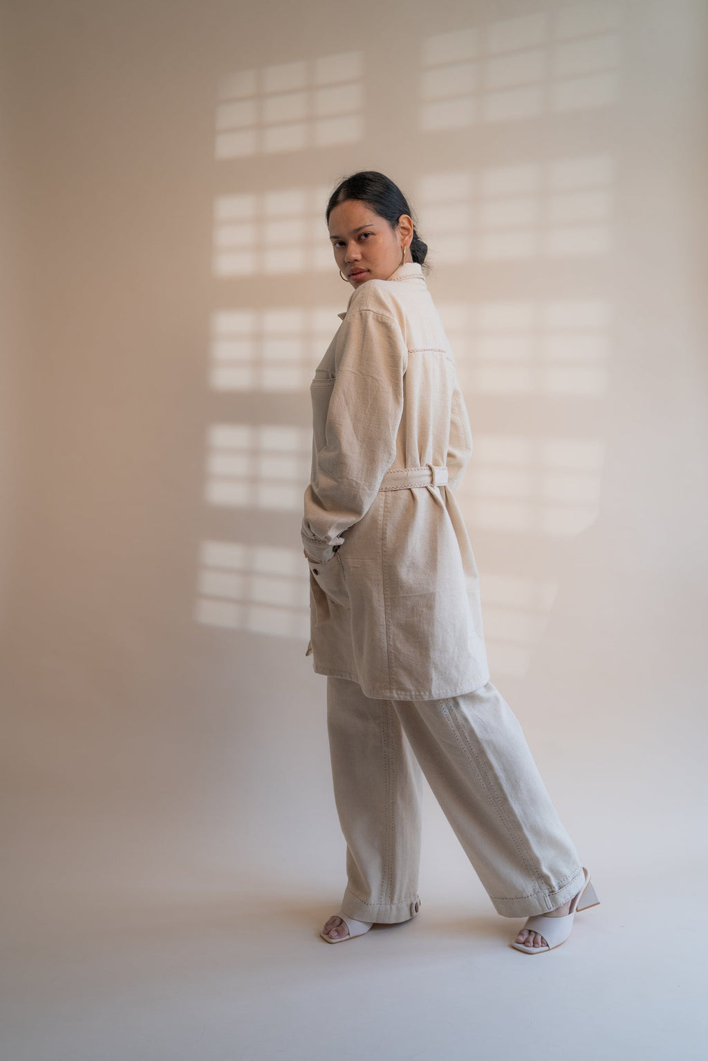 Dawning Denim Dress & Patch Pocket Pants Set by Lafaani with Beige, Casual Wear, Co-ord Sets, Dawning by Lafaani, Denim, Embroidered, Hand Woven Cotton, Kora, Natural, Regular Fit, Vacation, Vacation Co-ords, Womenswear at Kamakhyaa for sustainable fashion