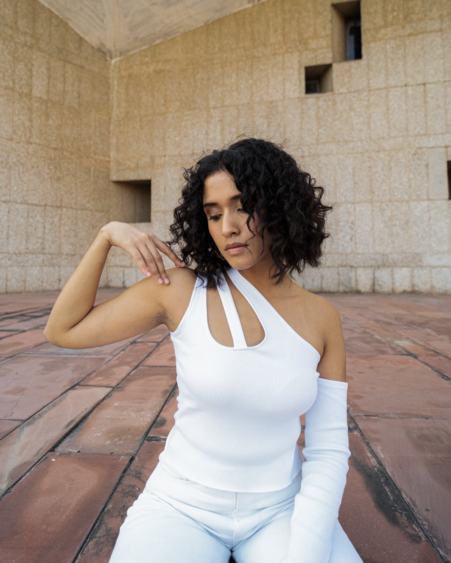 White Sleeveless Top by Meko Studio with Cotton, Evening Wear, July Sale, July Sale 2023, Lycra, One Shoulder Tops, Slim Fit, Solid Selfmade, Solids, Sourced from dead stock yarns, Tops, Tranquil AW-22/23, Tranquil by Meko Studio, White, Womenswear at Kamakhyaa for sustainable fashion